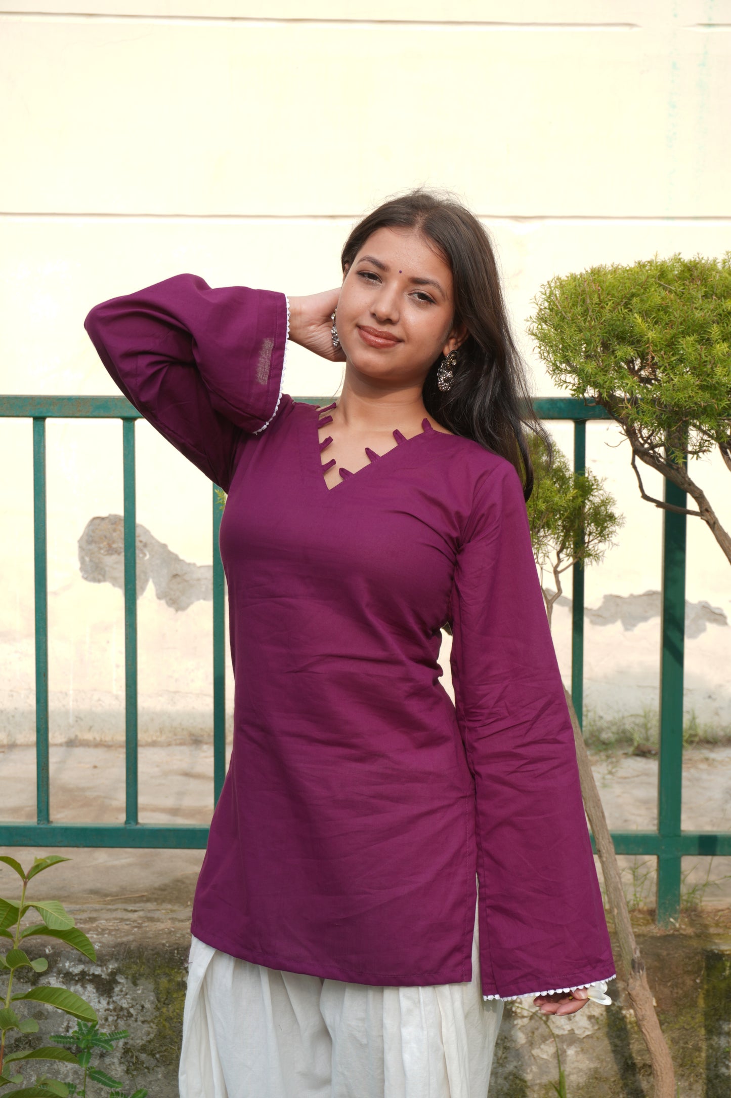 Wine Cotton Corset Back Bell Sleeve Kurti for Women