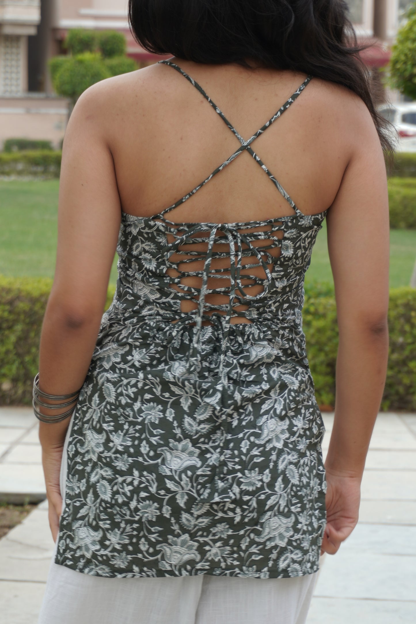 Olive Bloom Backless Cotton Short Kurti