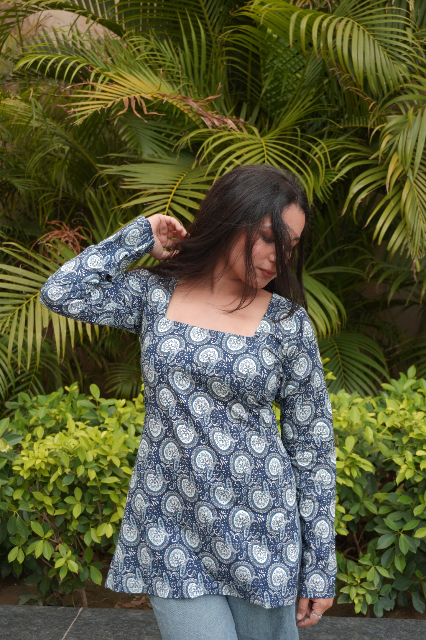Paisley Corset Back Kurti Top – Square Neck Full Sleeves Indo-Western Statement Piece