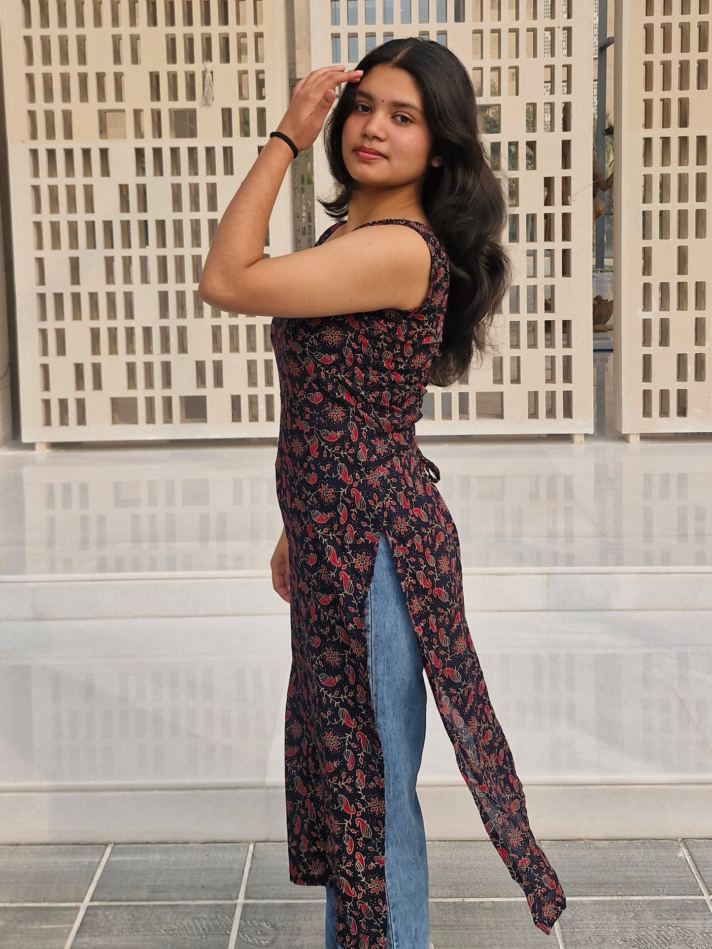 Trending Cotton Sleeveless Long Kurti with Square Neck & Corset Back