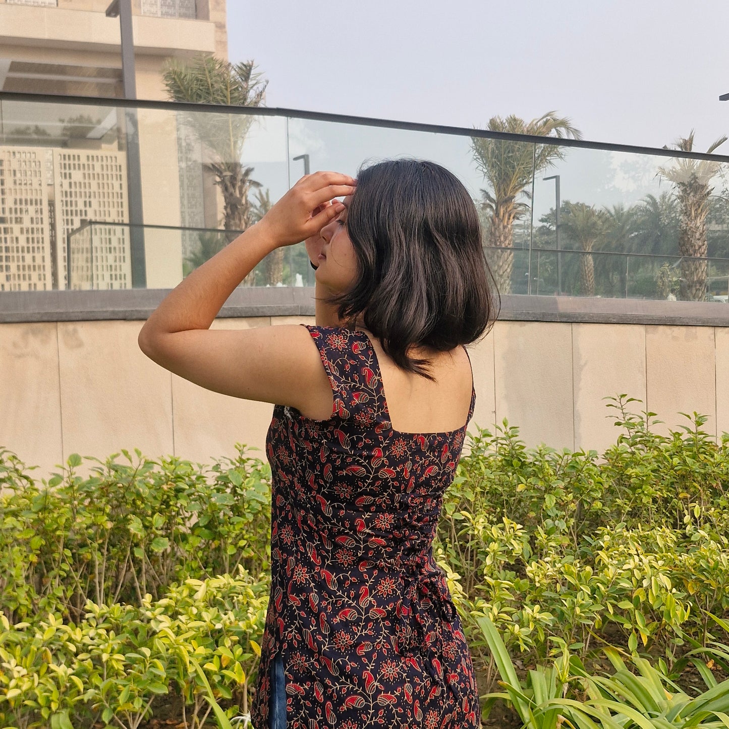 Cotton Sleeveless Short Kurti with Square Neck & Corset Back