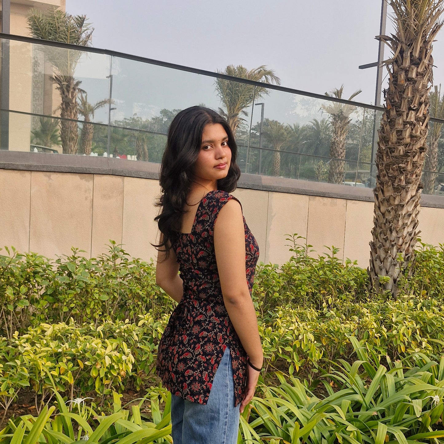 Cotton Sleeveless Short Kurti with Square Neck & Corset Back