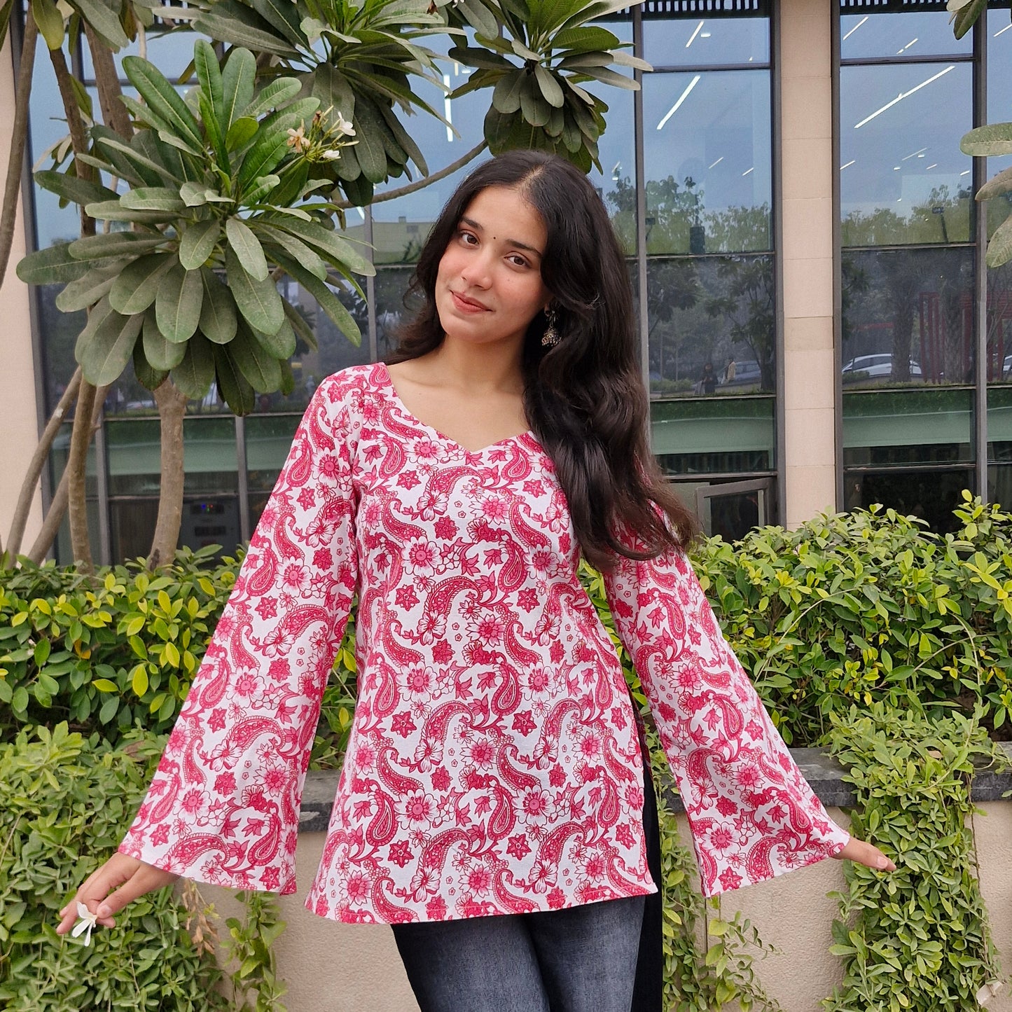 Cotton Printed Short Kurti with Betel Leaf Neck & Bell Sleeves for Women