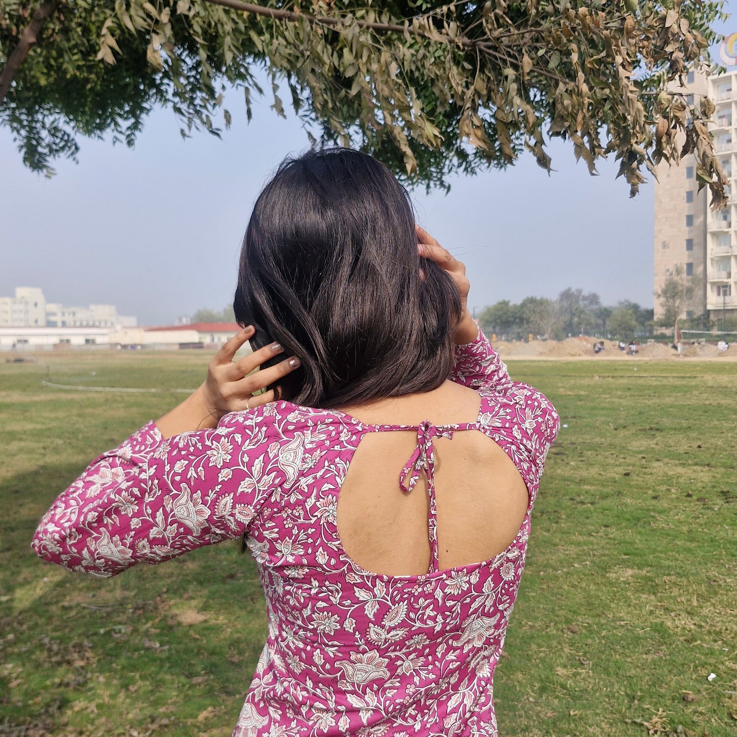 Women Cotton Printed Long Backless Kurti with Square Neck, Full Sleeves & Tie-Up Back