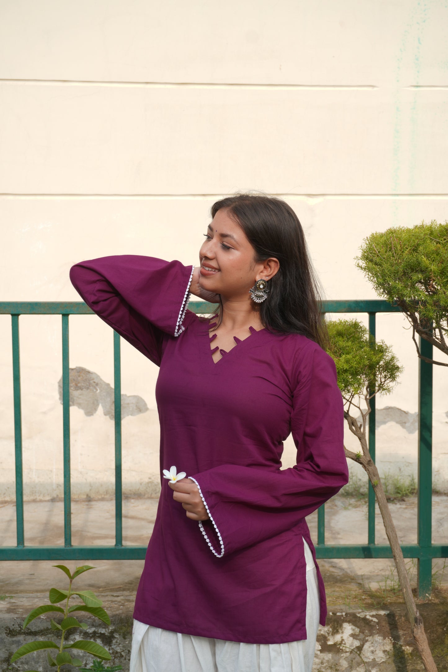 Wine Cotton Corset Back Bell Sleeve Kurti for Women