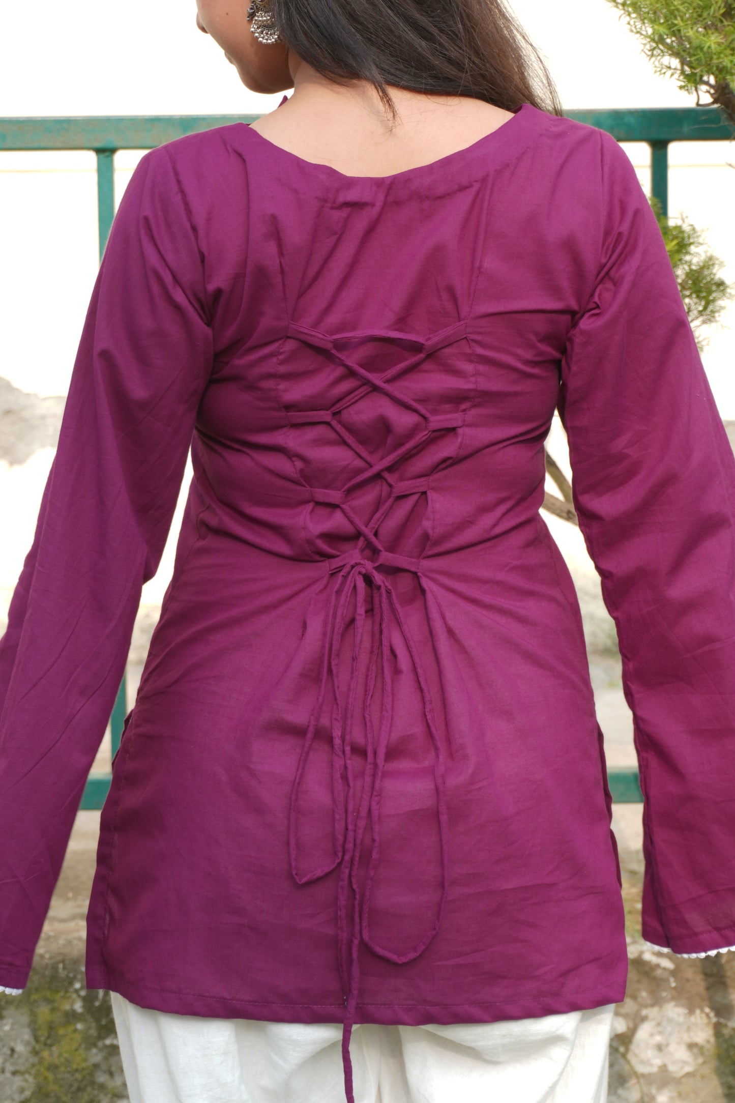 Wine Cotton Corset Back Bell Sleeve Kurti for Women