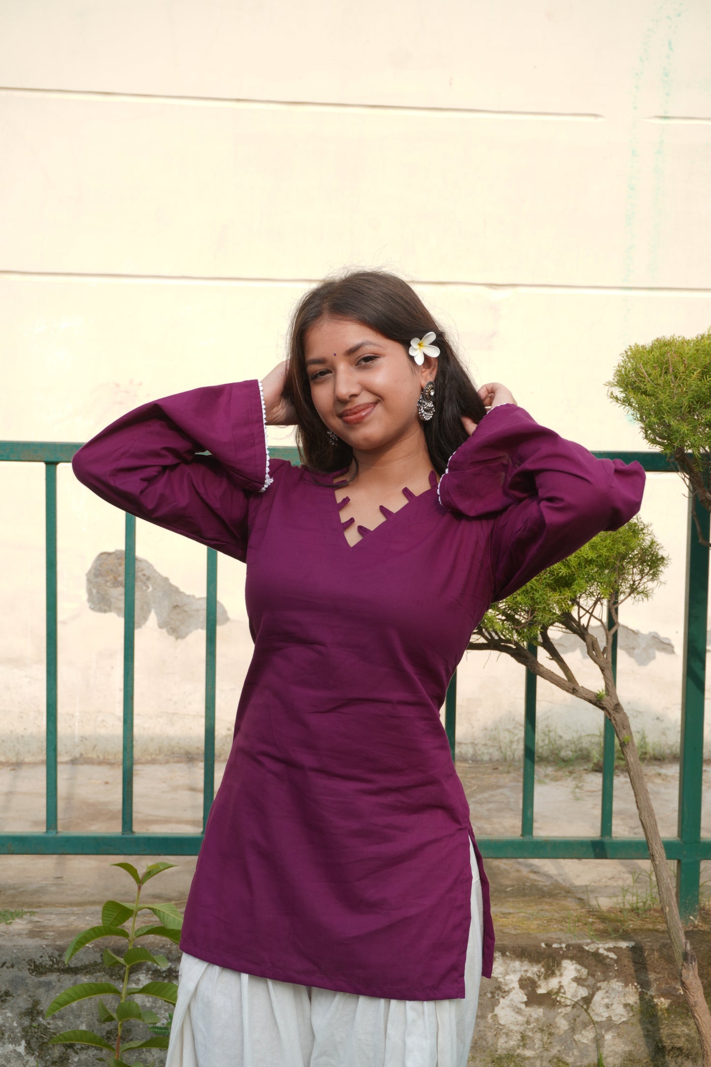 Wine Cotton Corset Back Bell Sleeve Kurti for Women