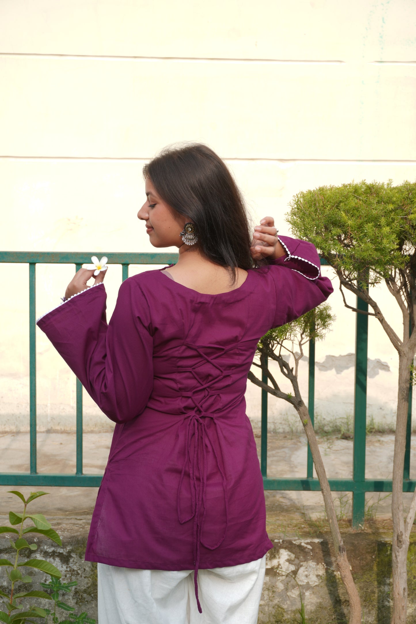 Wine Cotton Corset Back Bell Sleeve Kurti for Women