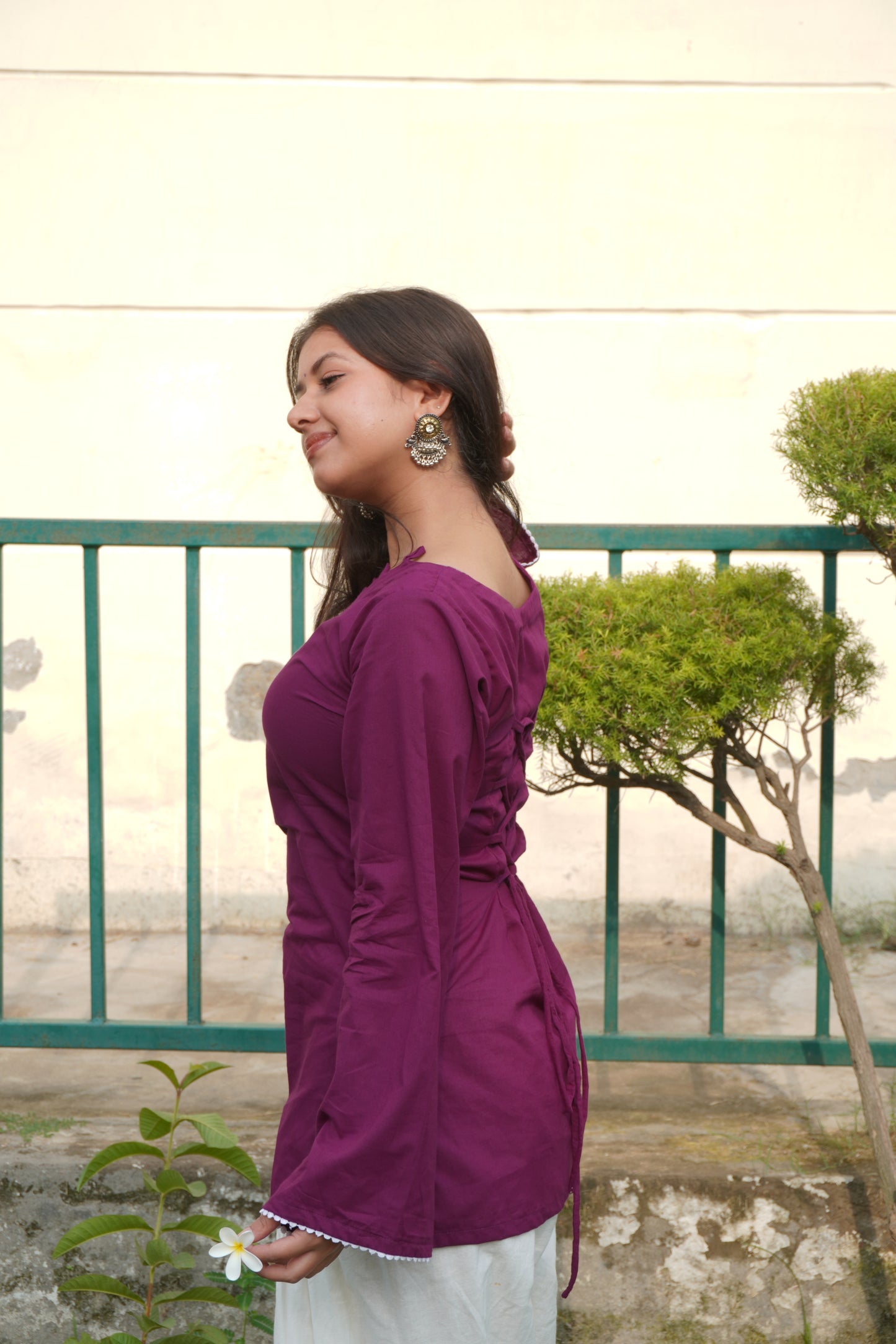 Wine Cotton Corset Back Bell Sleeve Kurti for Women