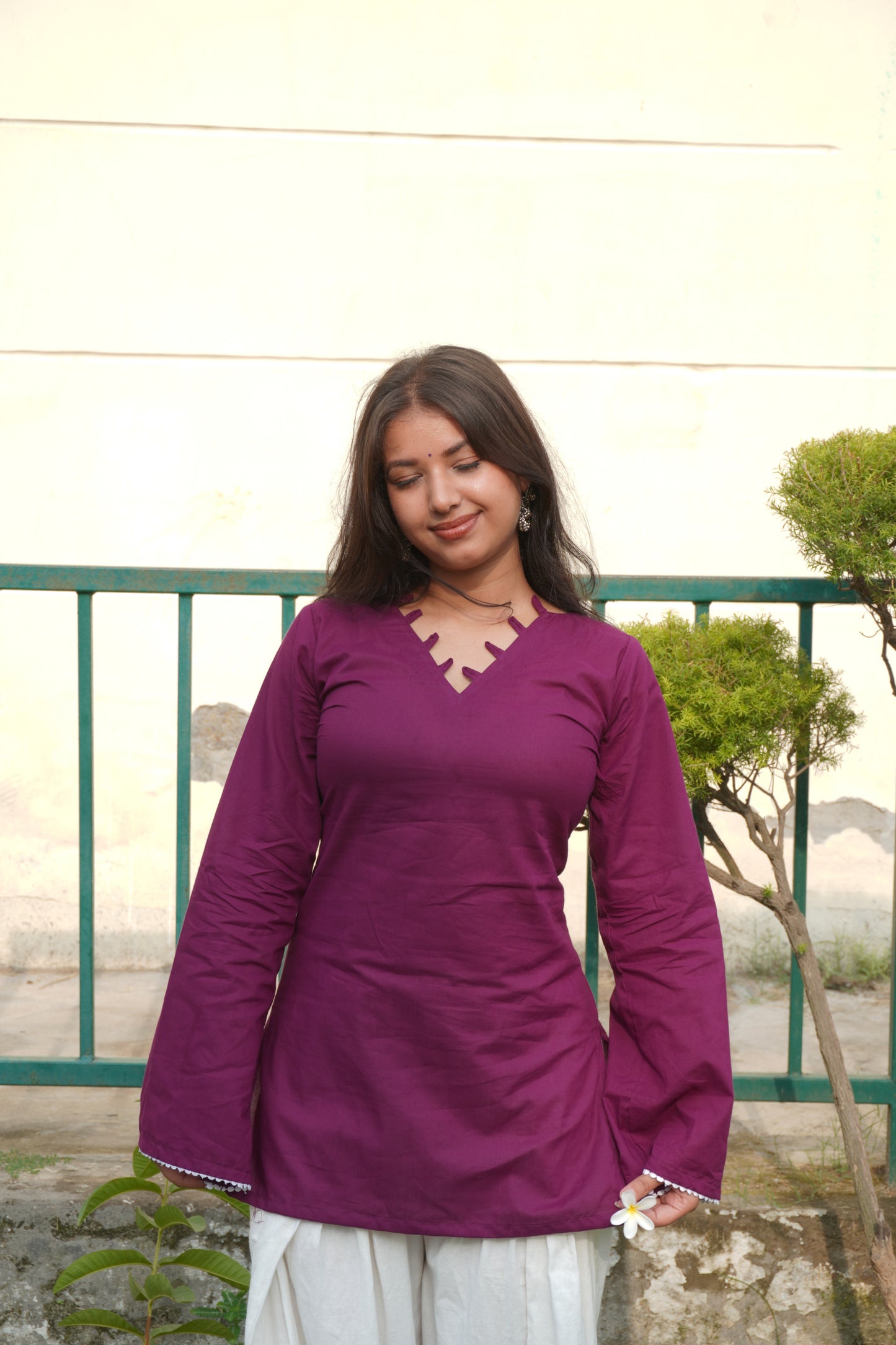 Wine Cotton Corset Back Bell Sleeve Kurti for Women