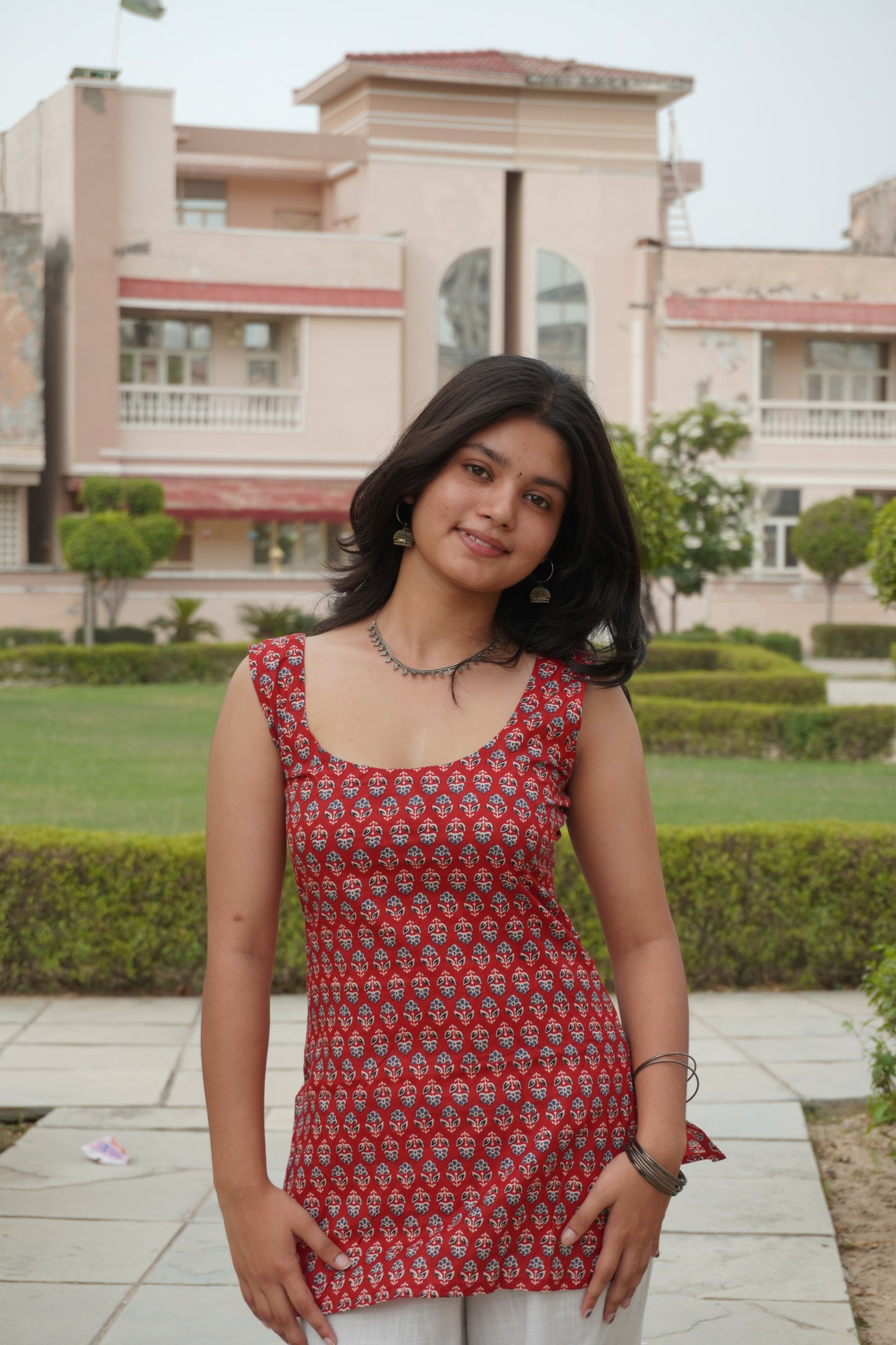 Red Floral Corset Back Cotton Short Kurti