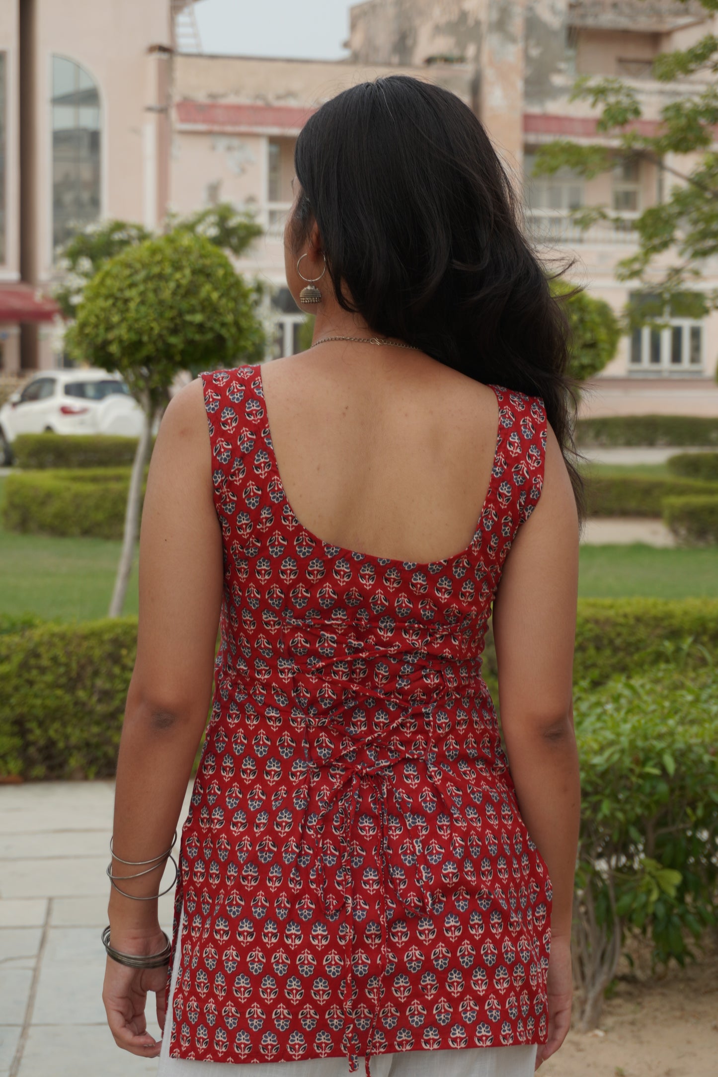 Red Floral Corset Back Cotton Short Kurti