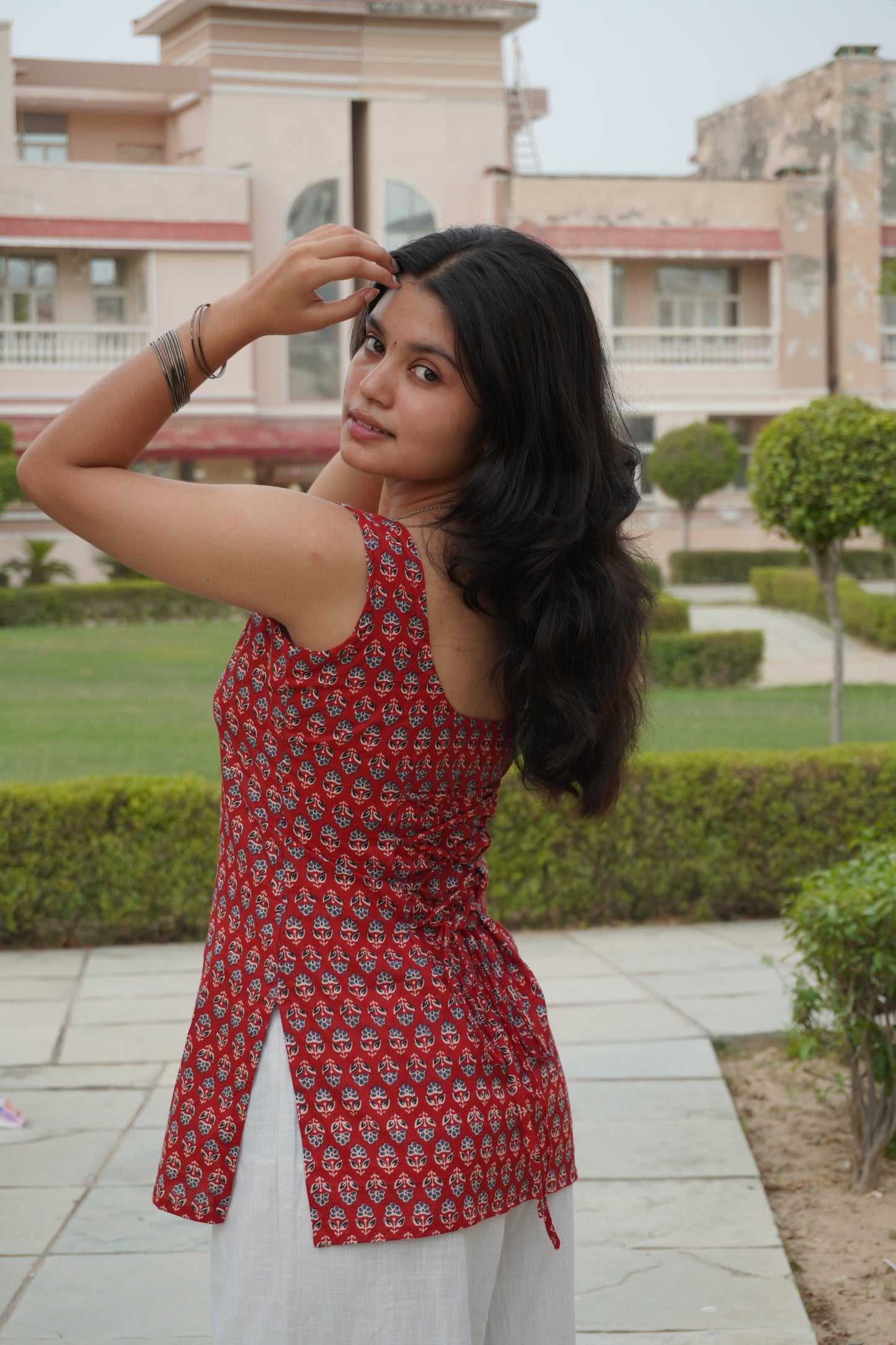 Red Floral Corset Back Cotton Short Kurti
