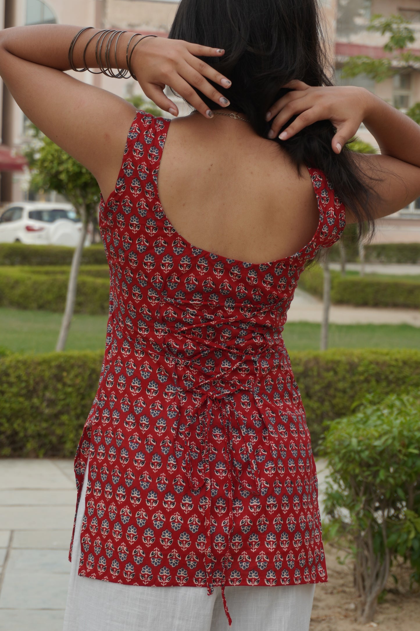 Red Floral Corset Back Cotton Short Kurti