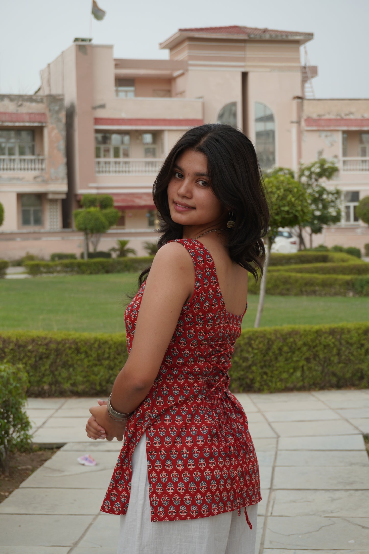 Red Floral Corset Back Cotton Short Kurti