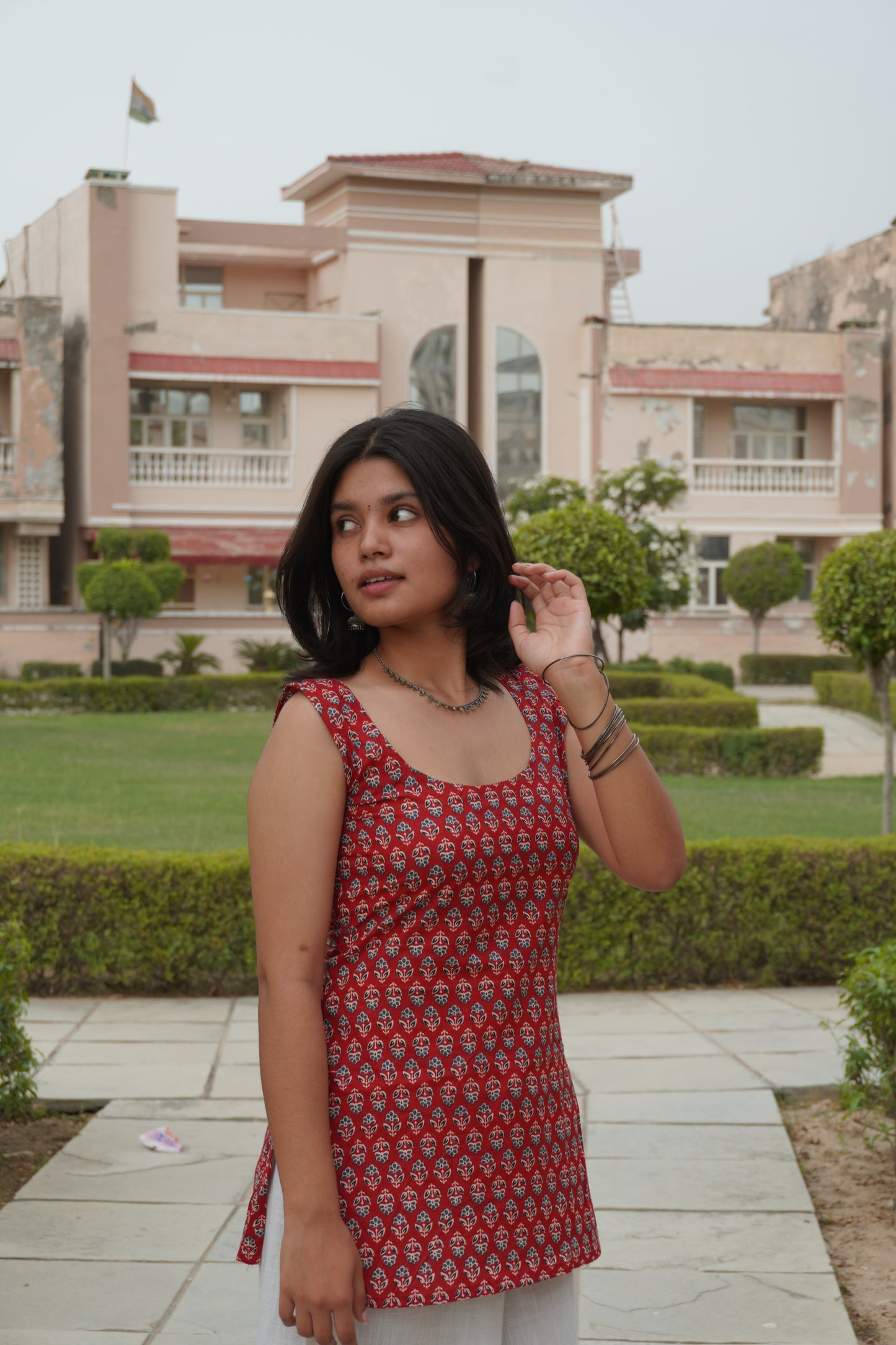 Red Floral Corset Back Cotton Short Kurti