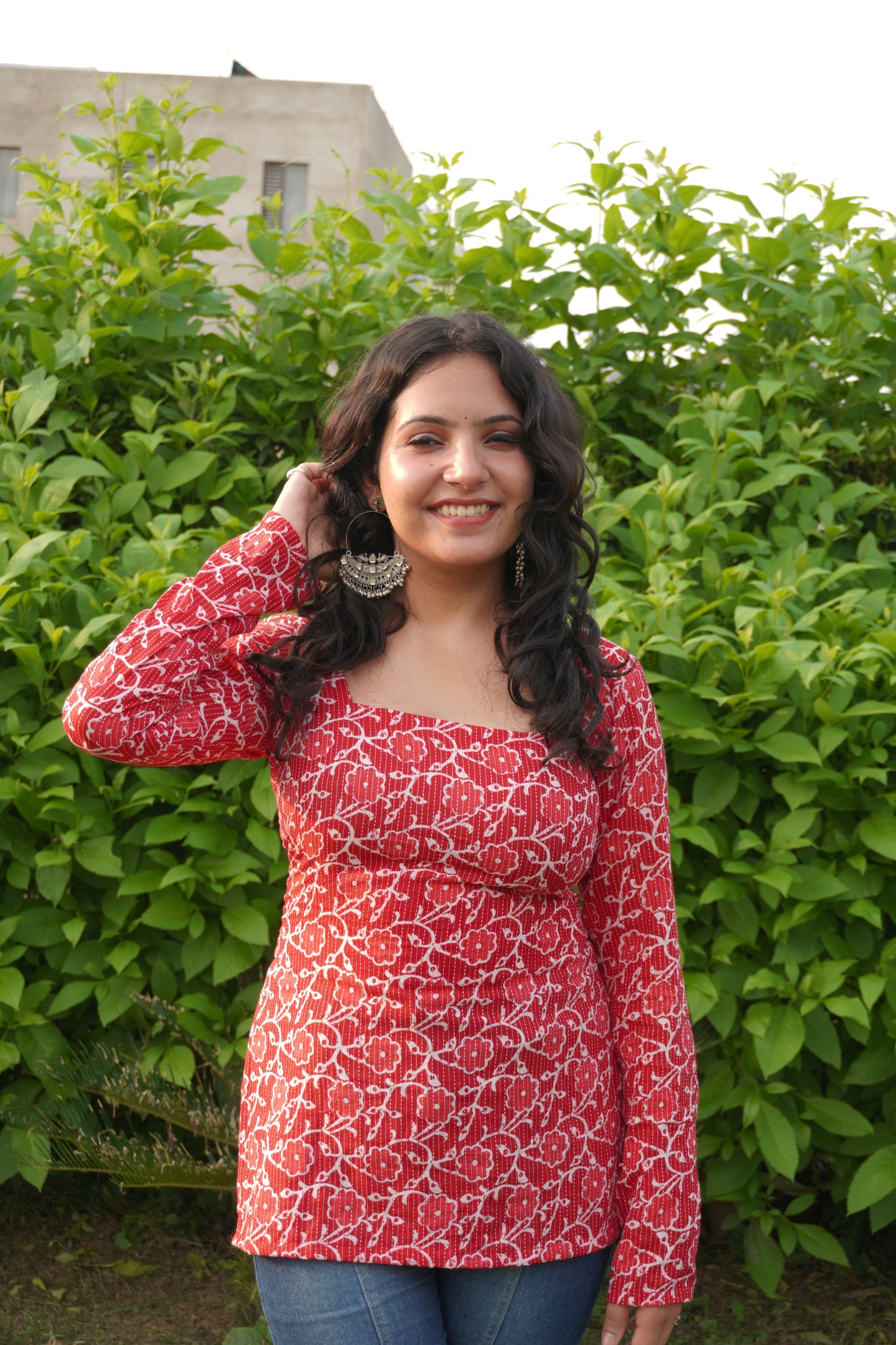 Red Pure Cotton Printed Short Kurti with Square Neck & Corset Back