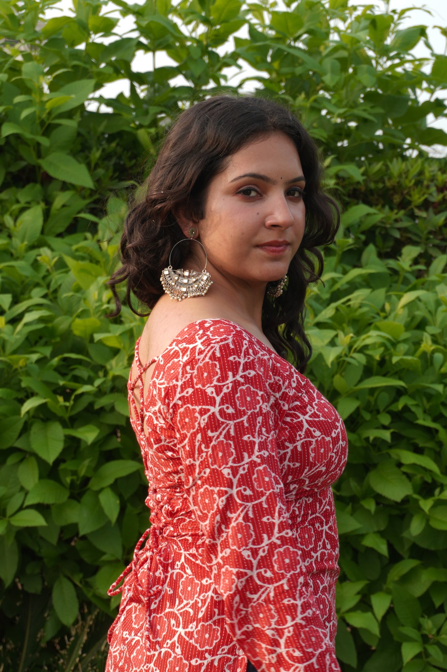 Red Pure Cotton Printed Short Kurti with Square Neck & Corset Back