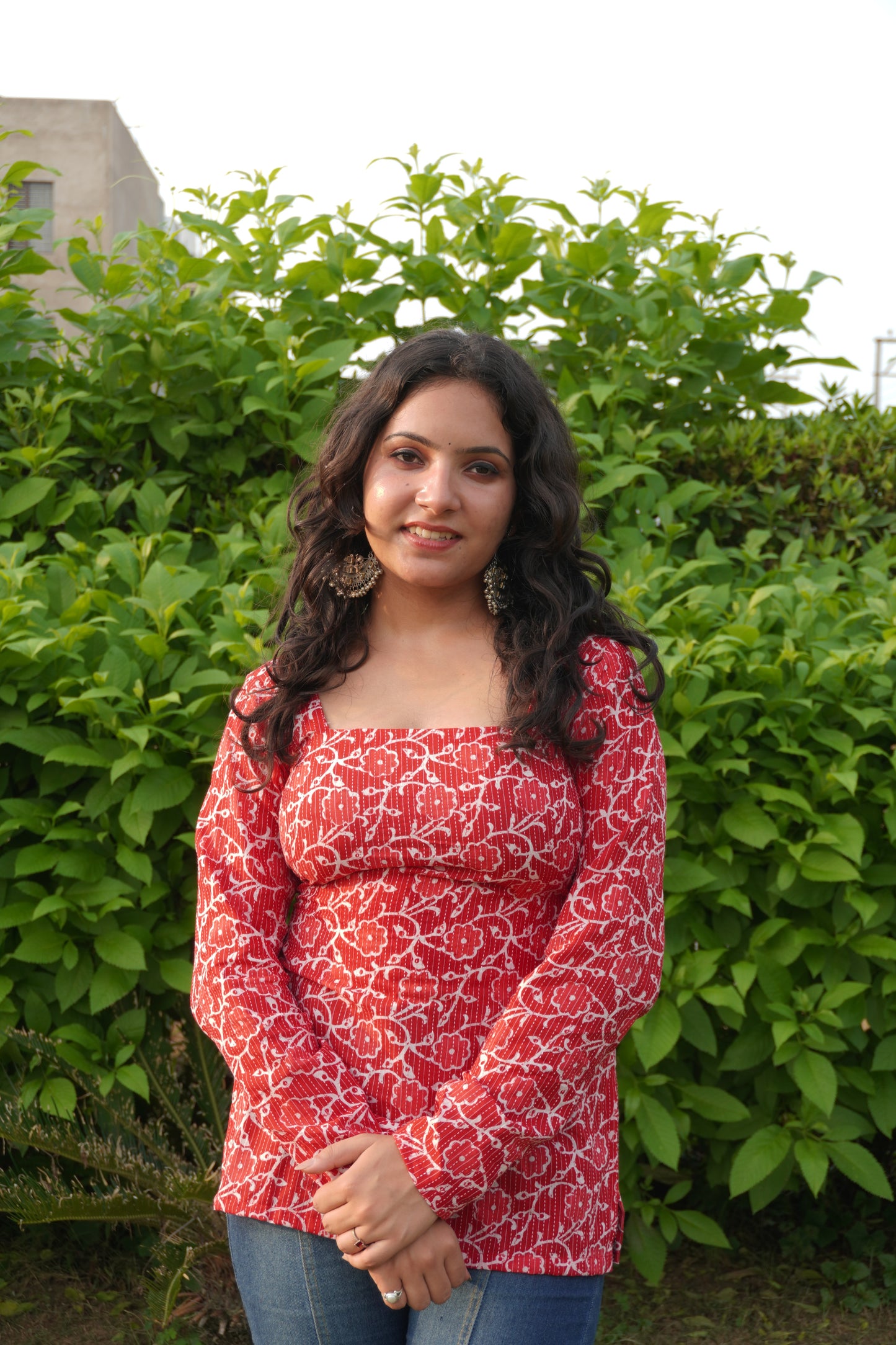 Red Pure Cotton Printed Short Kurti with Square Neck & Corset Back
