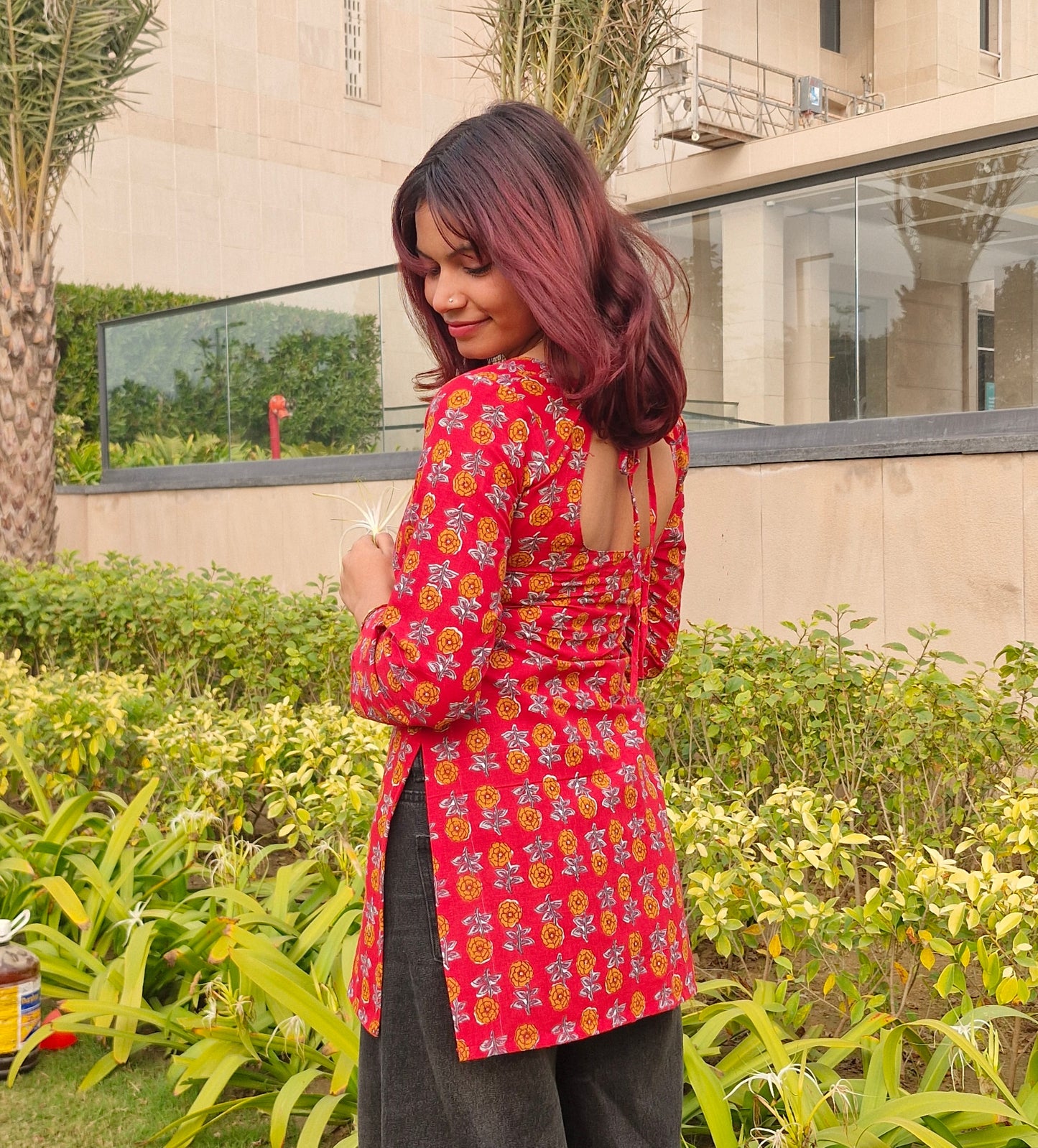Red Cotton Backless Short Kurti