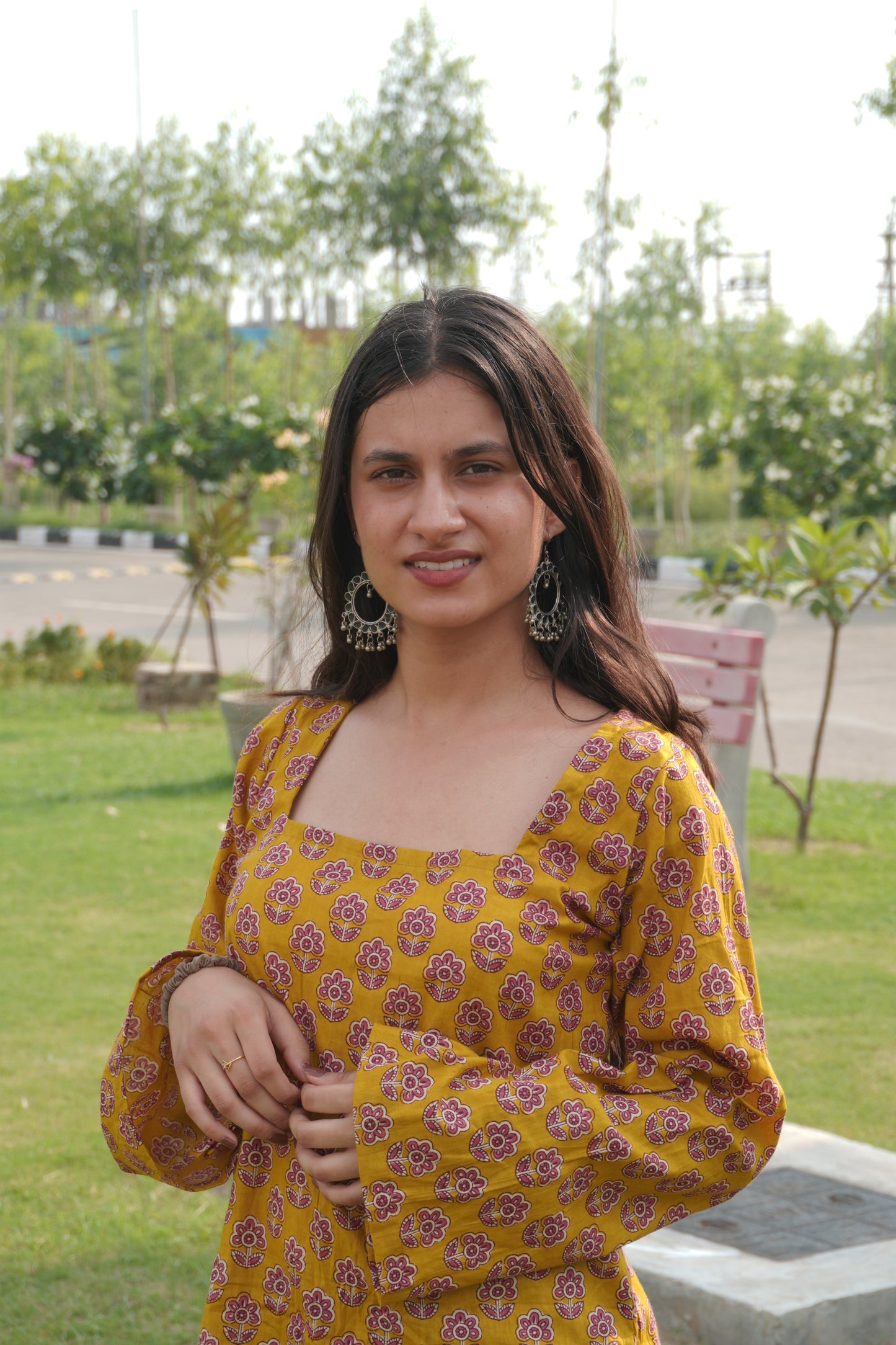 Mustard Floral Printed Cotton Corset Back Bell Sleeve Kurti