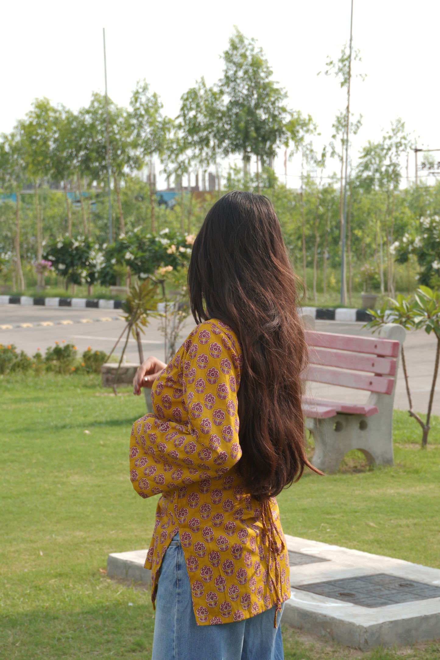 Mustard Floral Printed Cotton Corset Back Bell Sleeve Kurti