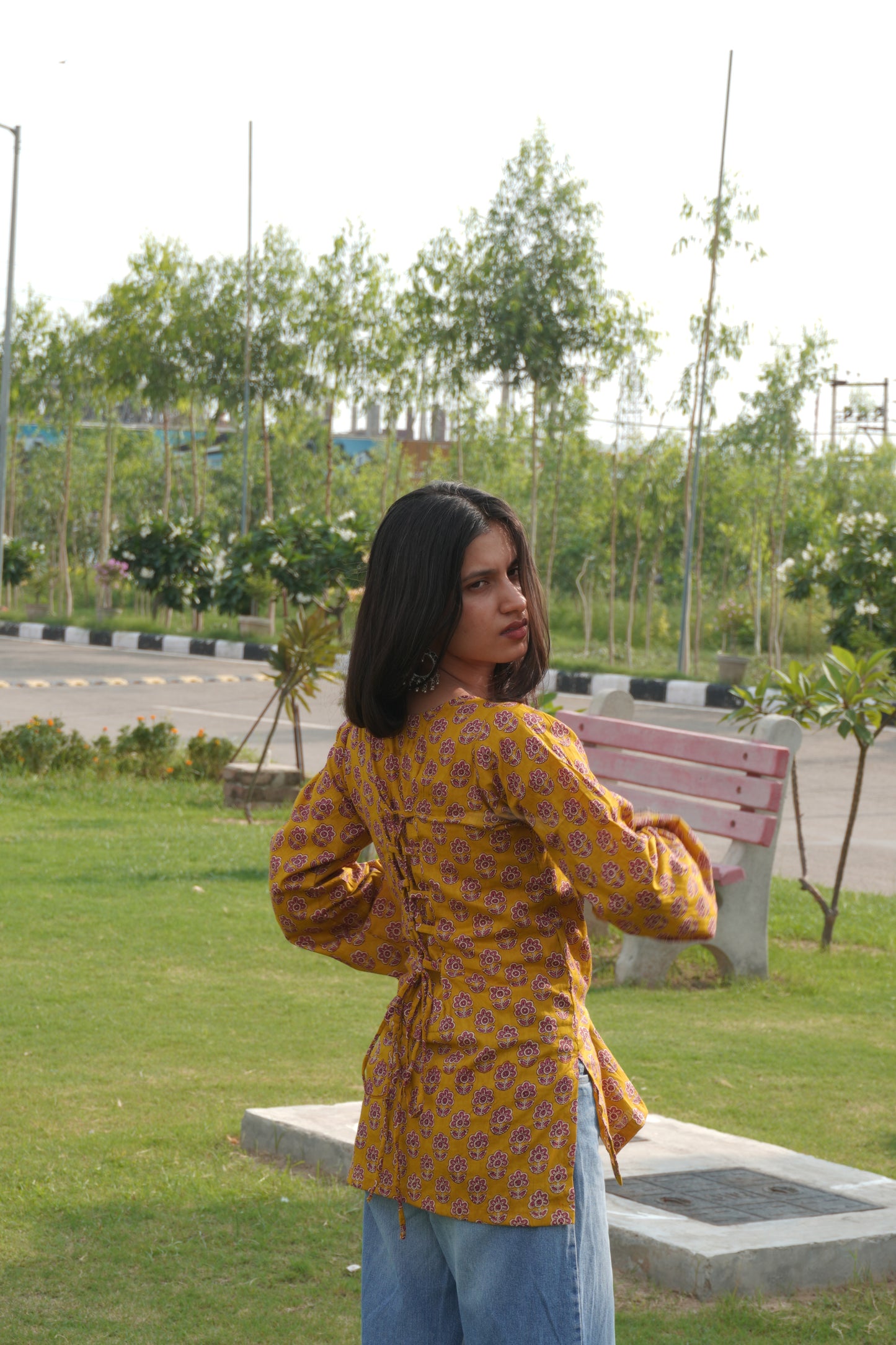 Mustard Floral Printed Cotton Corset Back Bell Sleeve Kurti