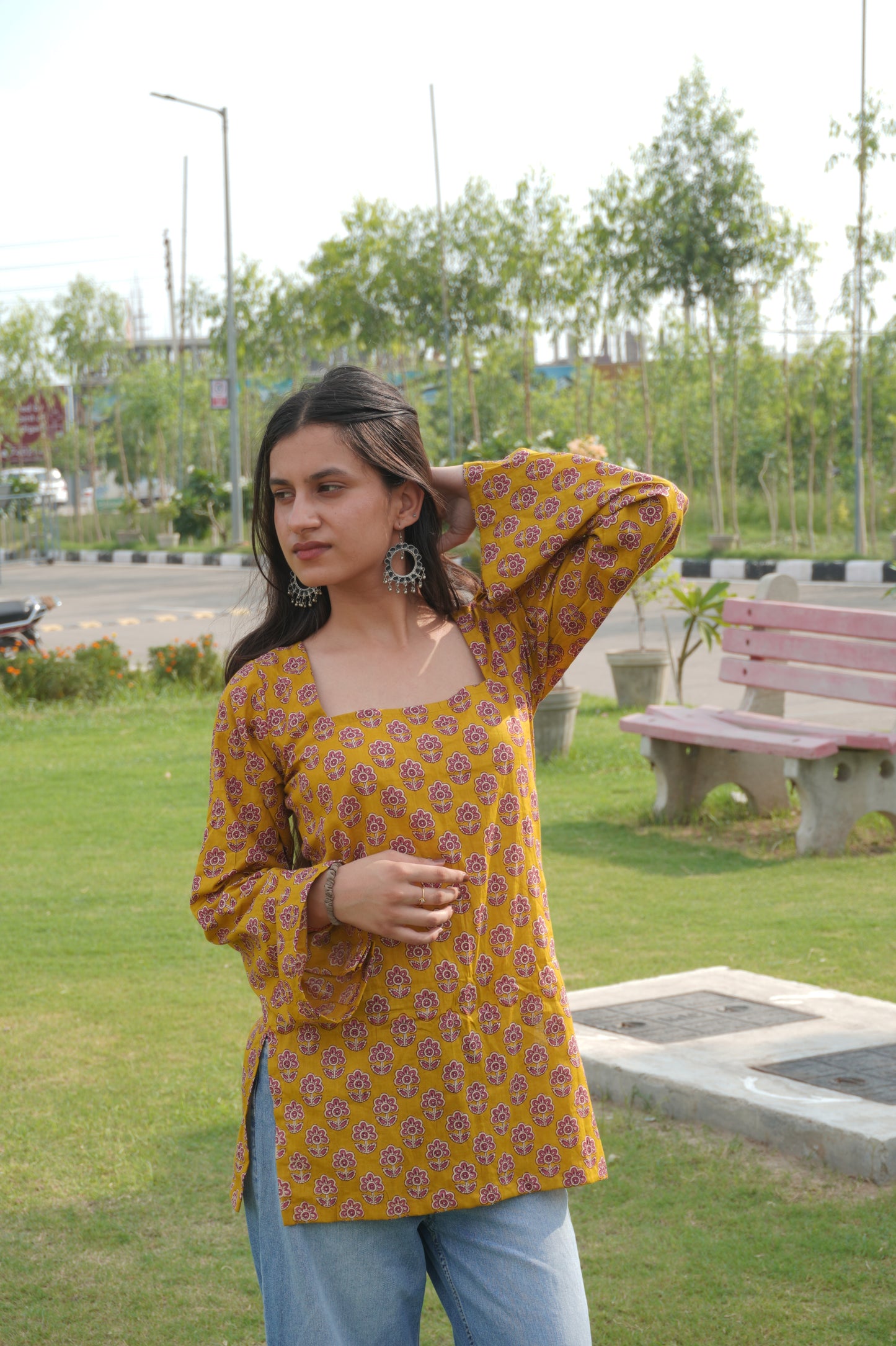 Mustard Floral Printed Cotton Corset Back Bell Sleeve Kurti