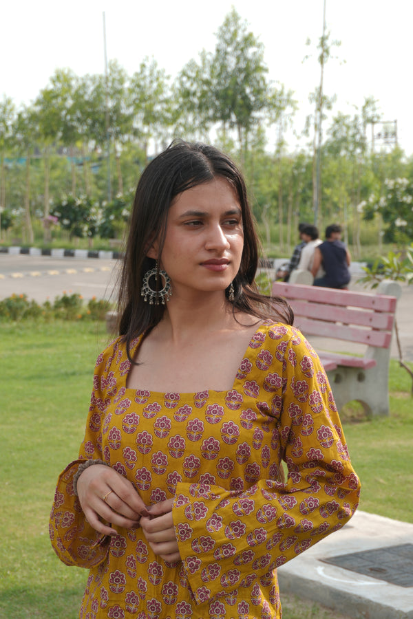 Mustard Floral Printed Cotton Corset Back Bell Sleeve Kurti