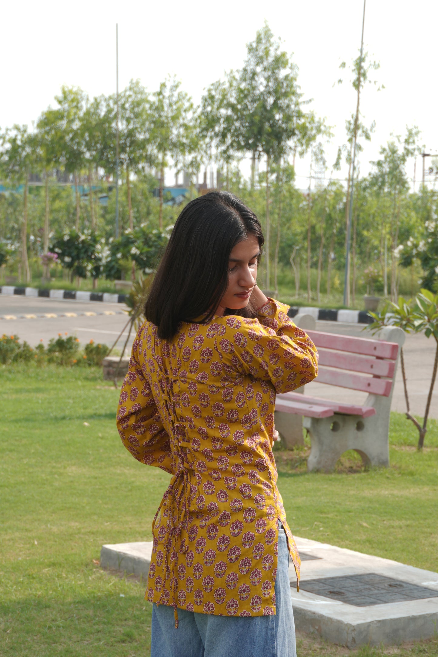 Mustard Floral Printed Cotton Corset Back Bell Sleeve Kurti