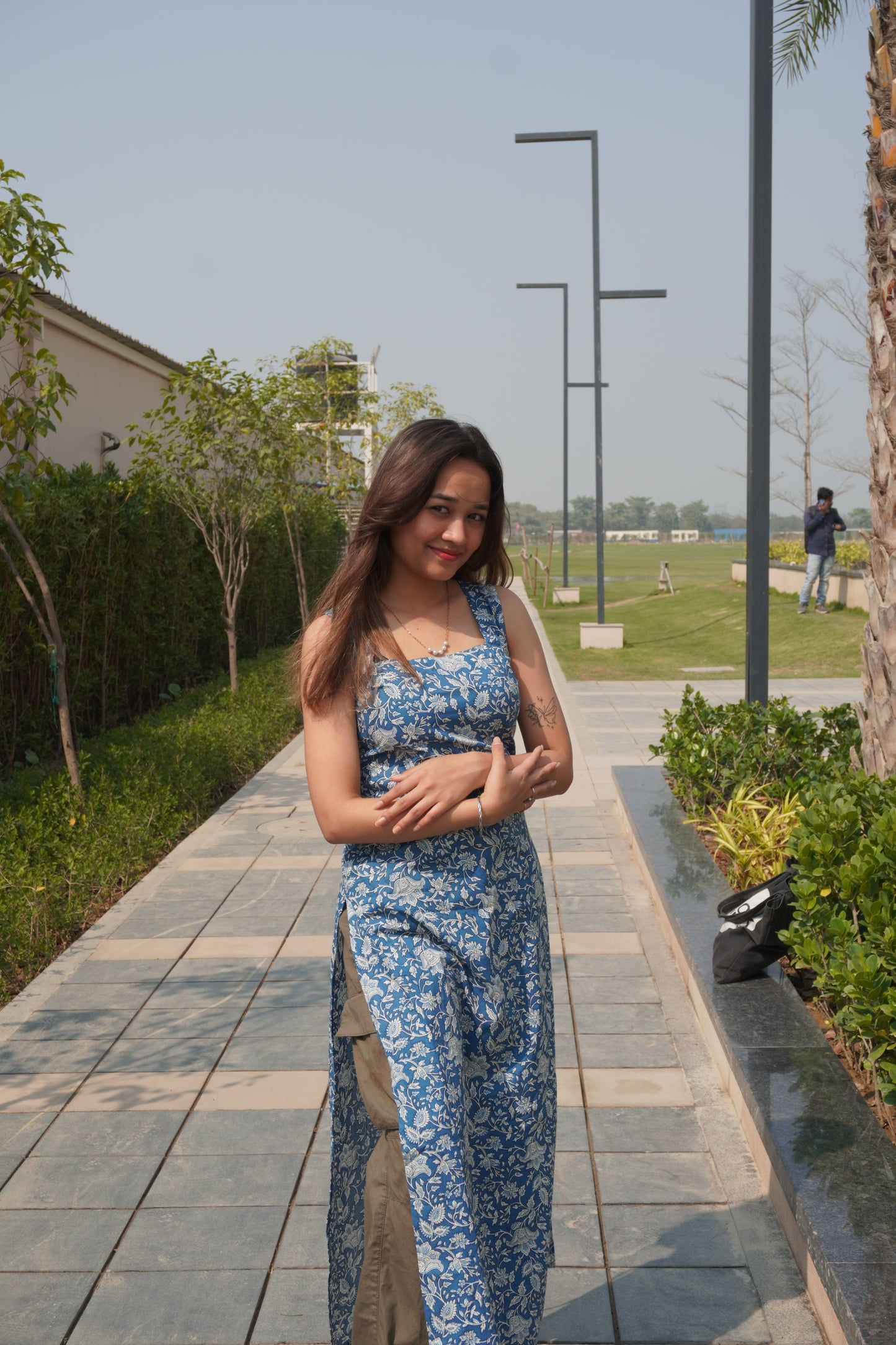 Blue Floral Cotton Corset Back Kurti