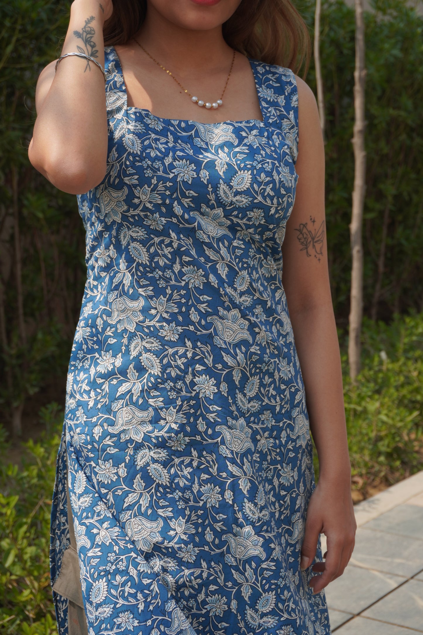 Blue Floral Cotton Corset Back Kurti