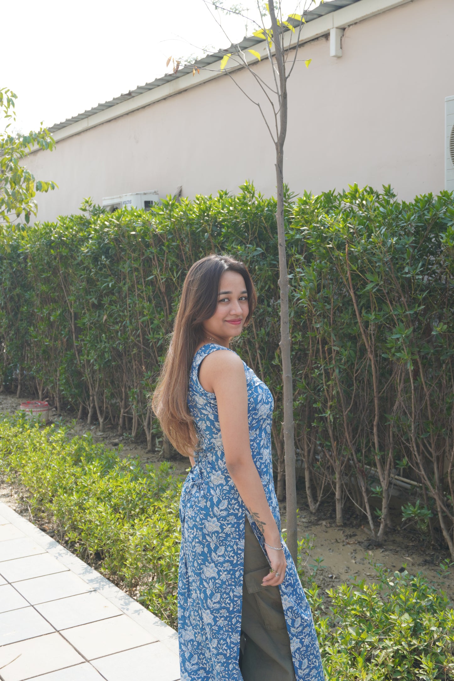 Blue Floral Cotton Corset Back Kurti