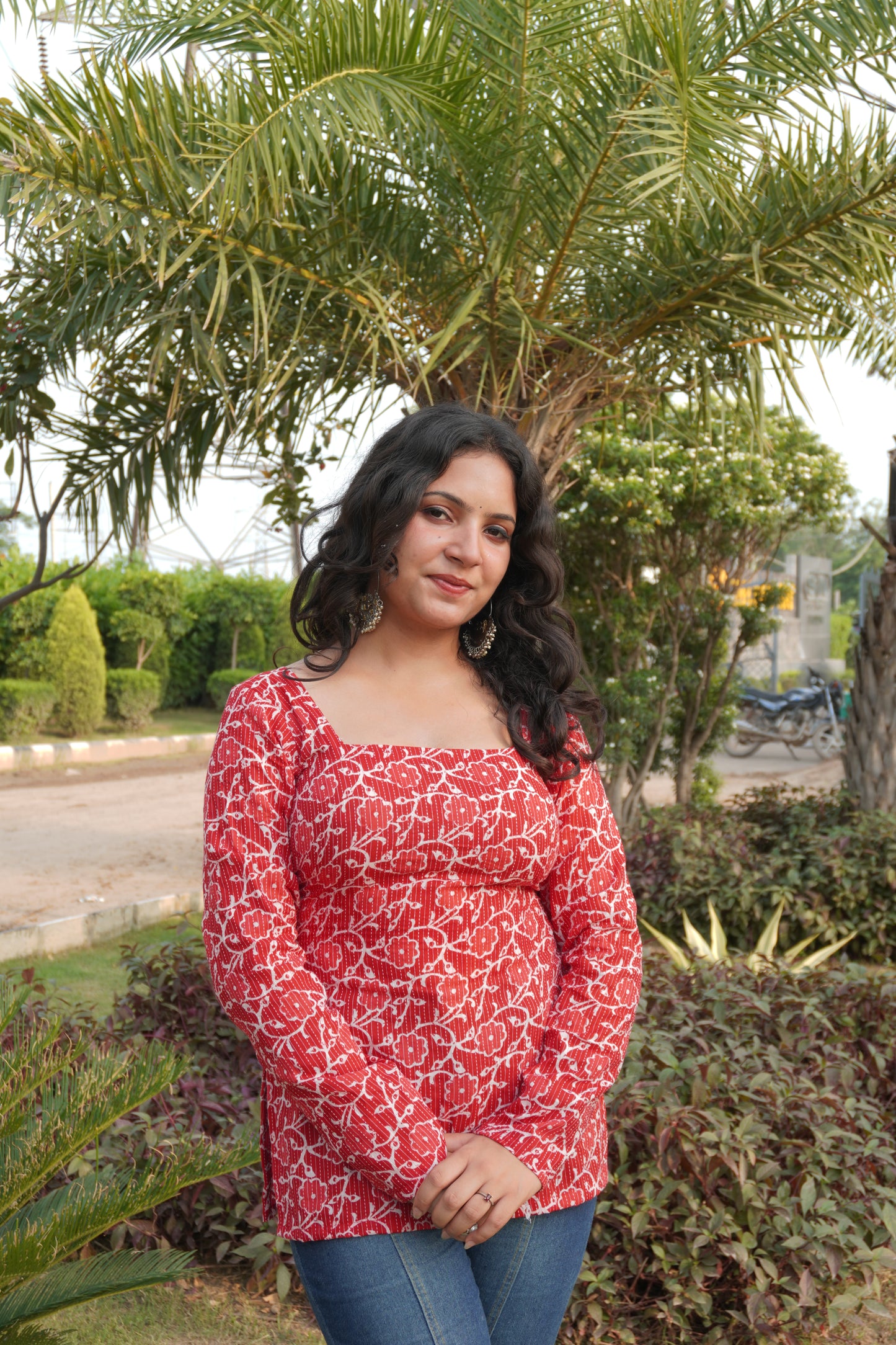 Red Pure Cotton Printed Short Kurti with Square Neck & Corset Back