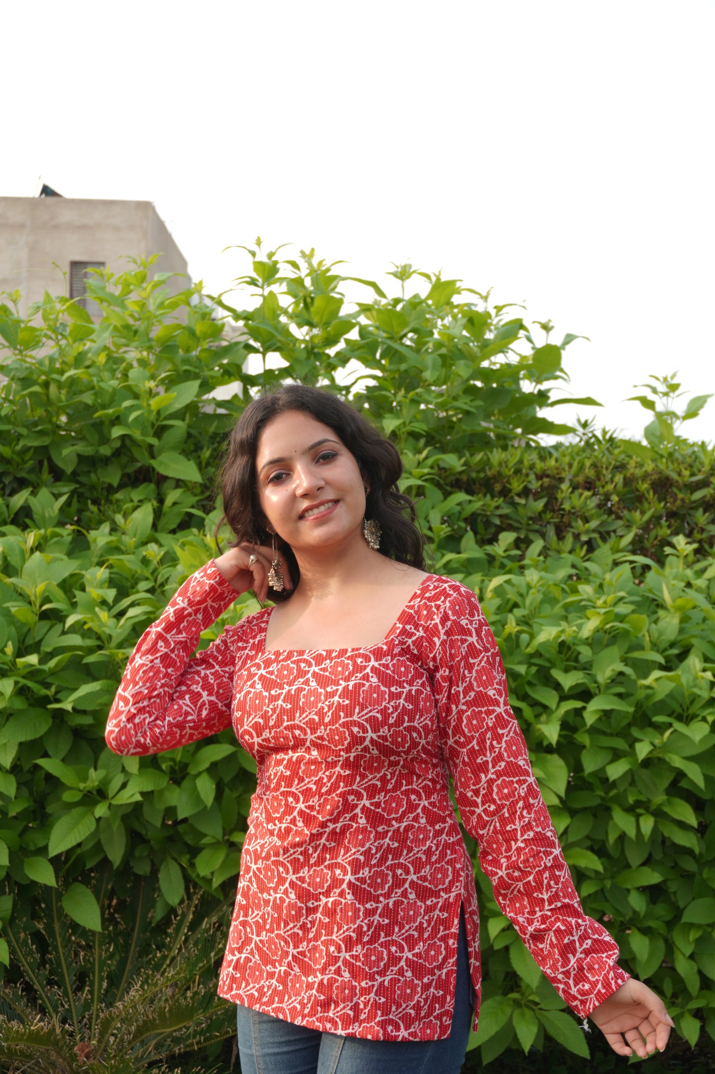 Red Pure Cotton Printed Short Kurti with Square Neck & Corset Back