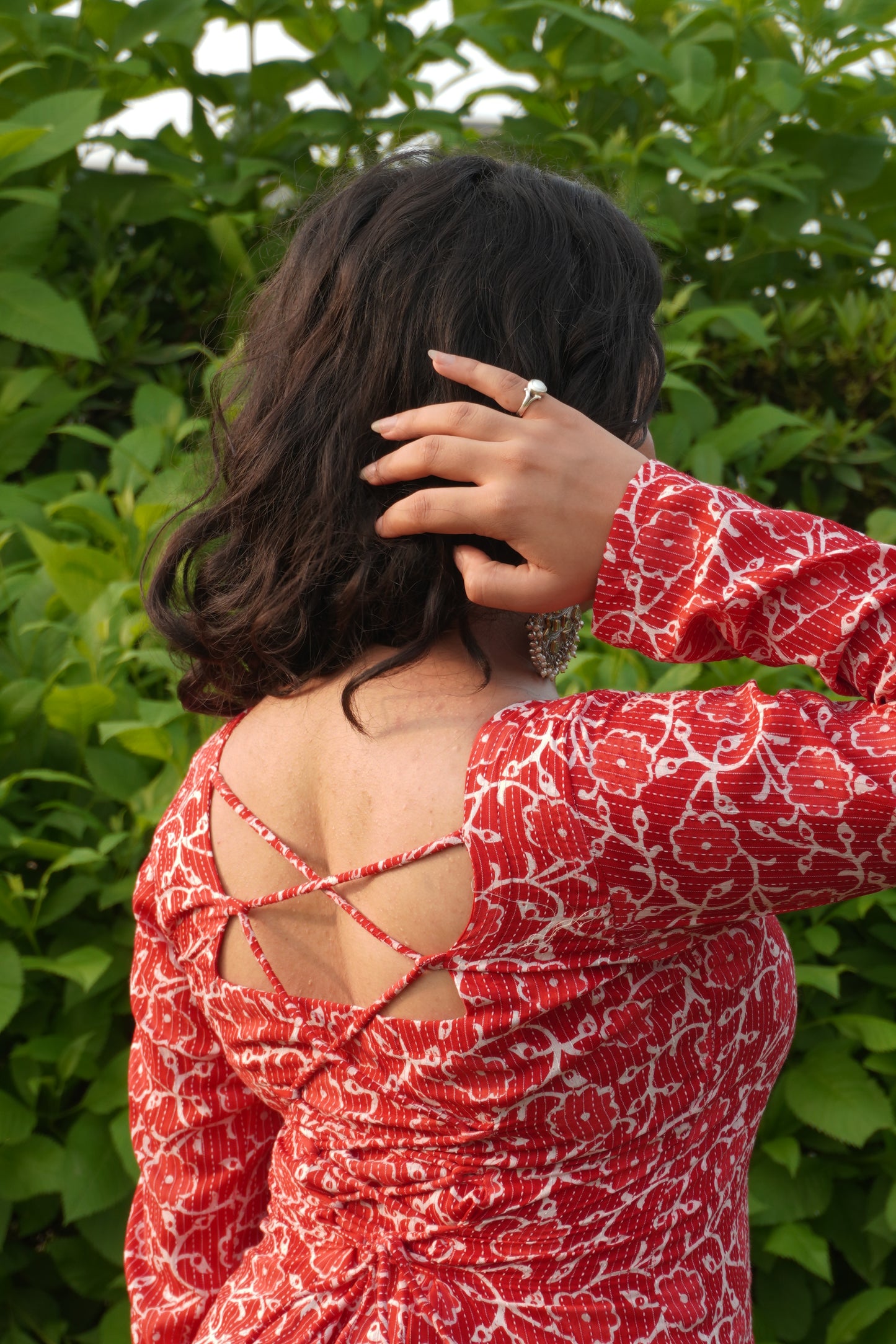 Red Pure Cotton Printed Short Kurti with Square Neck & Corset Back
