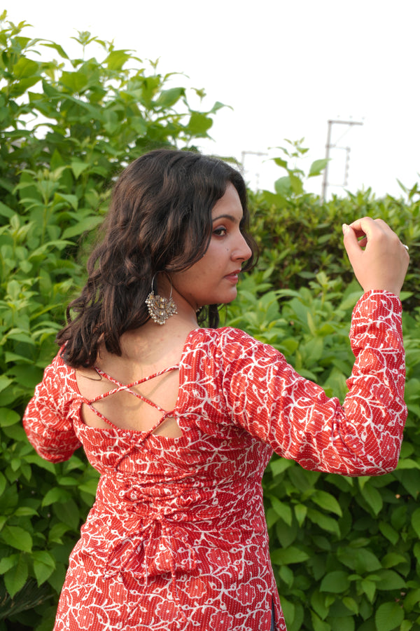 Red Pure Cotton Printed Short Kurti with Square Neck & Corset Back