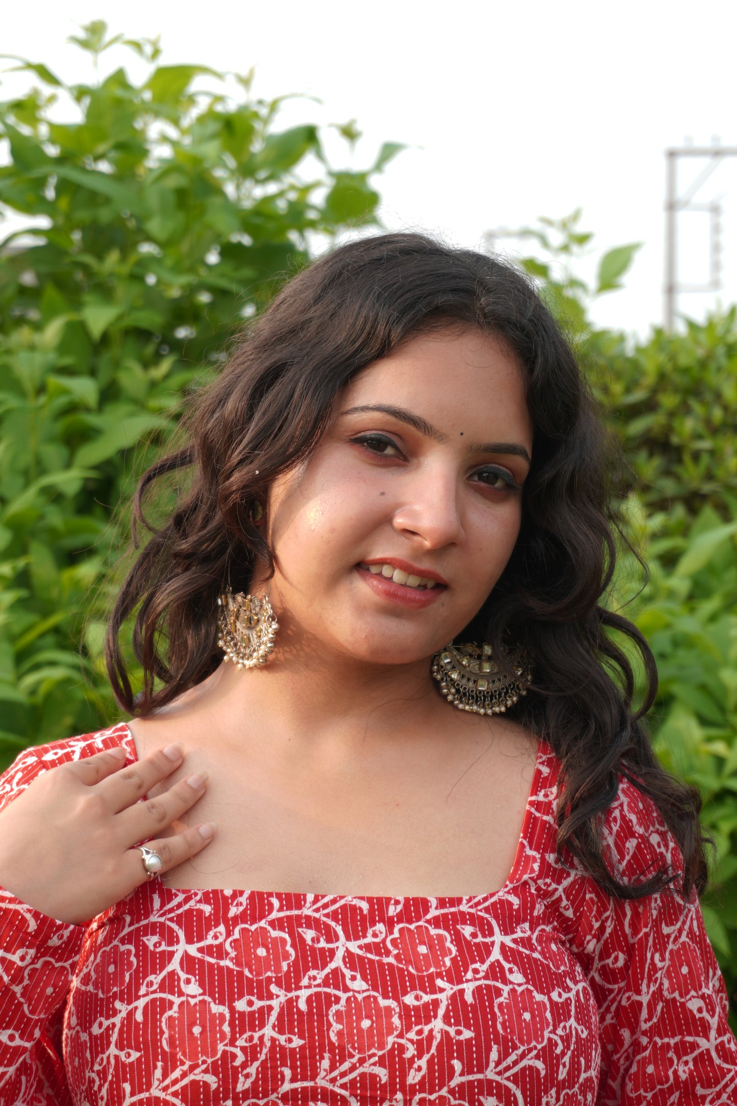 Red Pure Cotton Printed Short Kurti with Square Neck & Corset Back