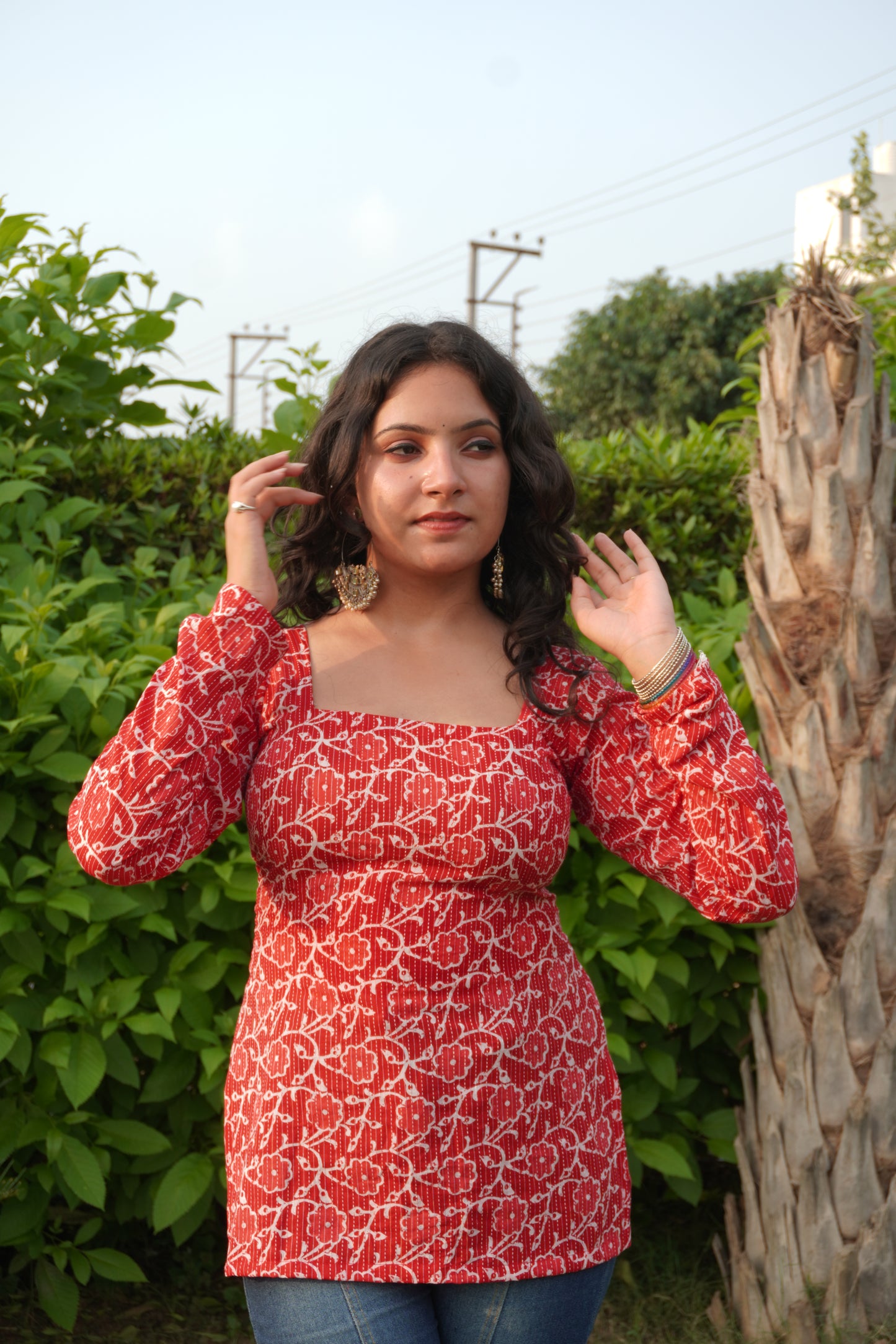 Red Pure Cotton Printed Short Kurti with Square Neck & Corset Back