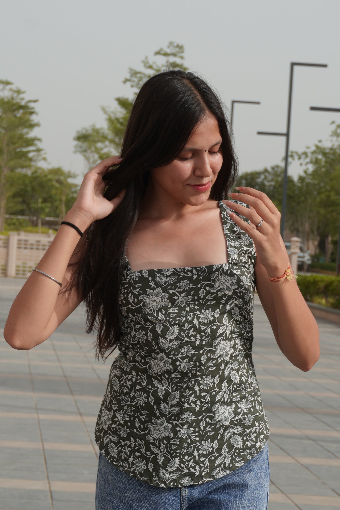 Olive Green Floral Cotton Backless Top for Women | Sleeveless Ethnic Backless Top