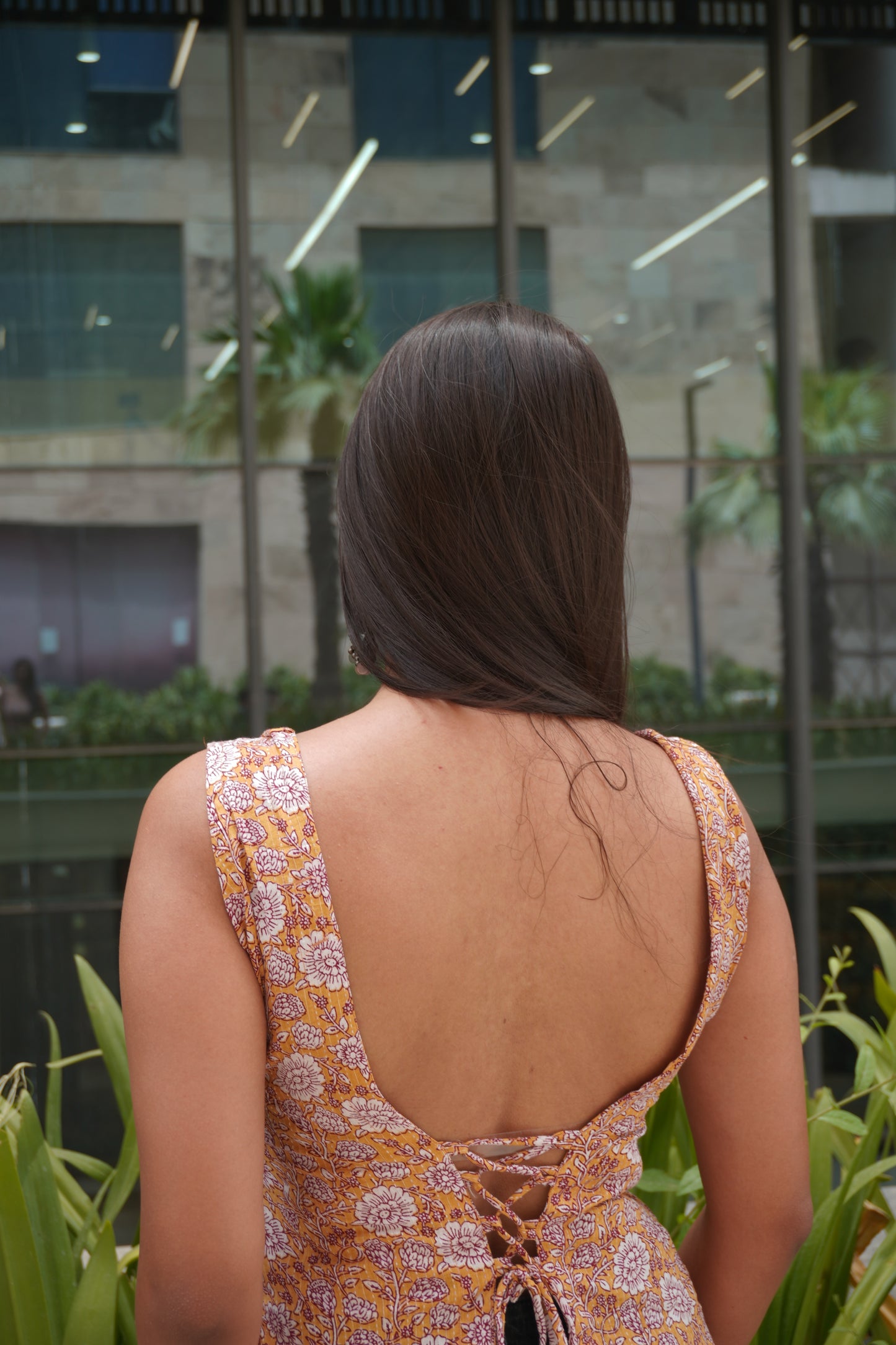 Yellow Floral Cotton Backless Top for Women | Sleeveless Lace-Up Crop Top | Square Neck Summer Top