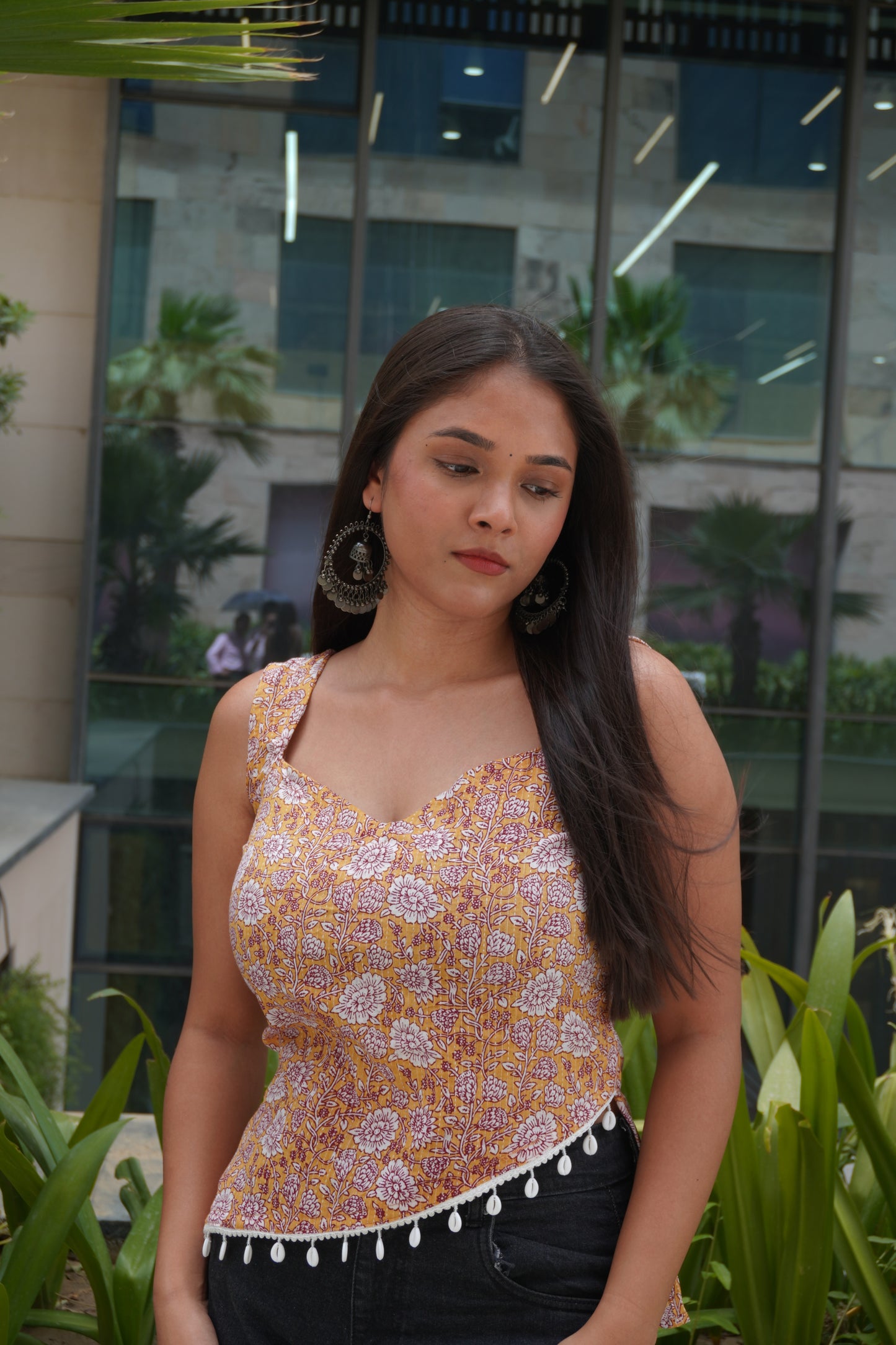 Yellow Floral Cotton Backless Top for Women | Sleeveless Lace-Up Crop Top | Square Neck Summer Top