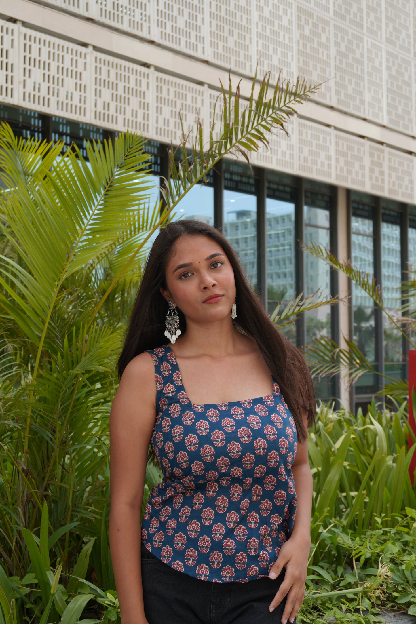 Blue Floral Cotton Backless Top for Women | Sleeveless Lace-Up Crop Top | Square Neck Summer Top
