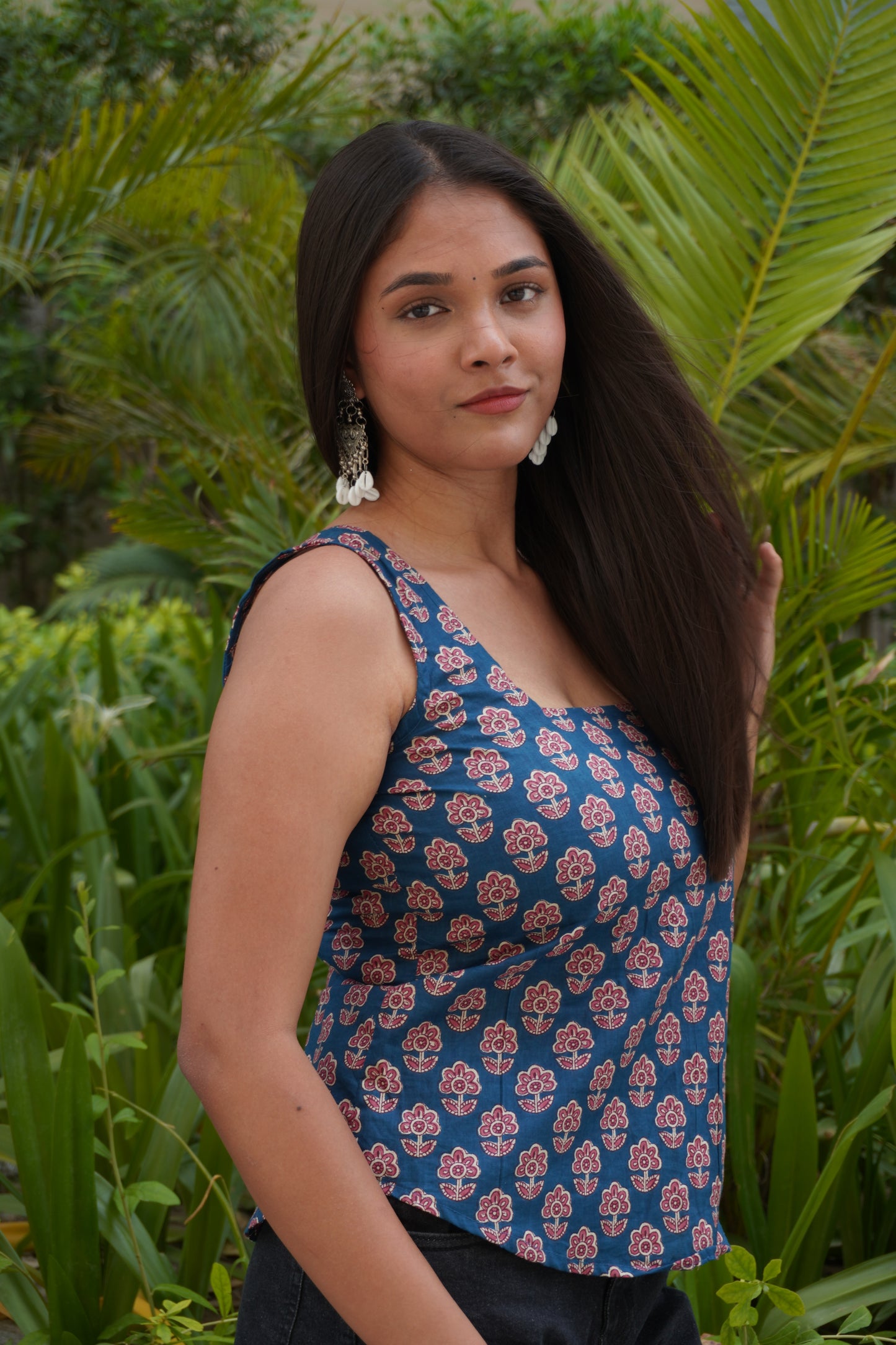 Blue Floral Cotton Backless Top for Women | Sleeveless Lace-Up Crop Top | Square Neck Summer Top