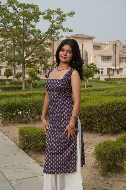 Women's Navy Blue Pure Cotton Long Kurti with Corset Tie-Up Back