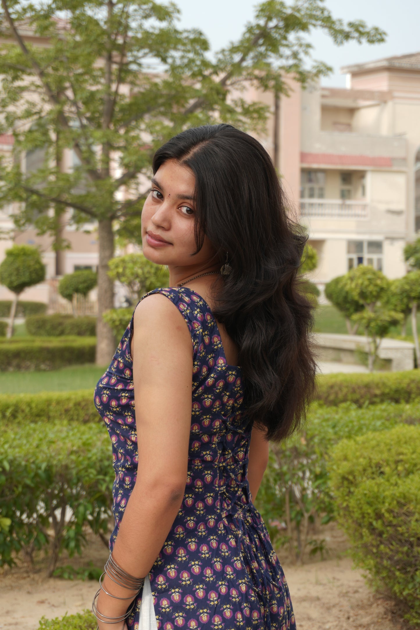 Women's Navy Blue Pure Cotton Long Kurti with Corset Tie-Up Back