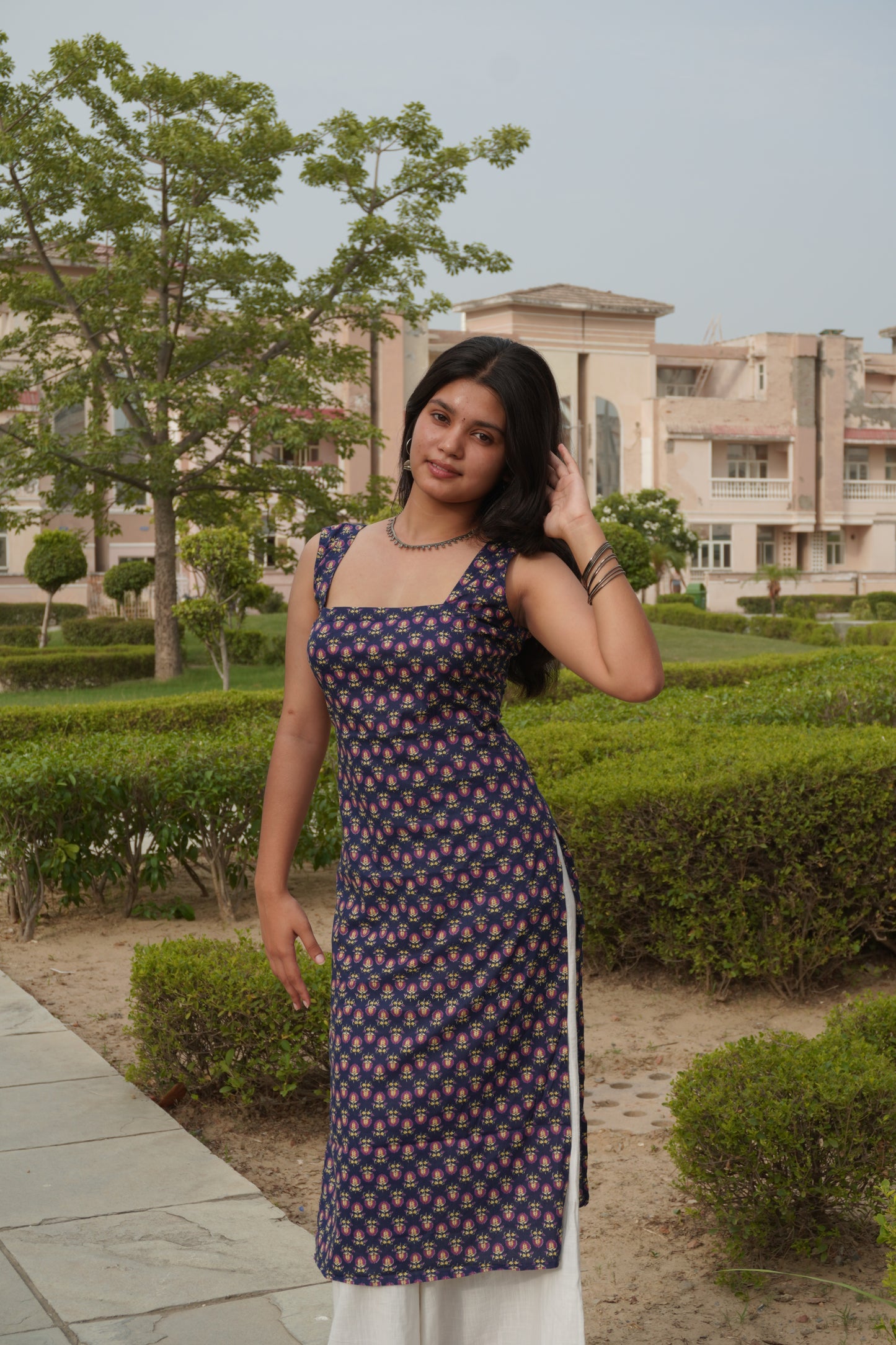 Women's Navy Blue Pure Cotton Long Kurti with Corset Tie-Up Back