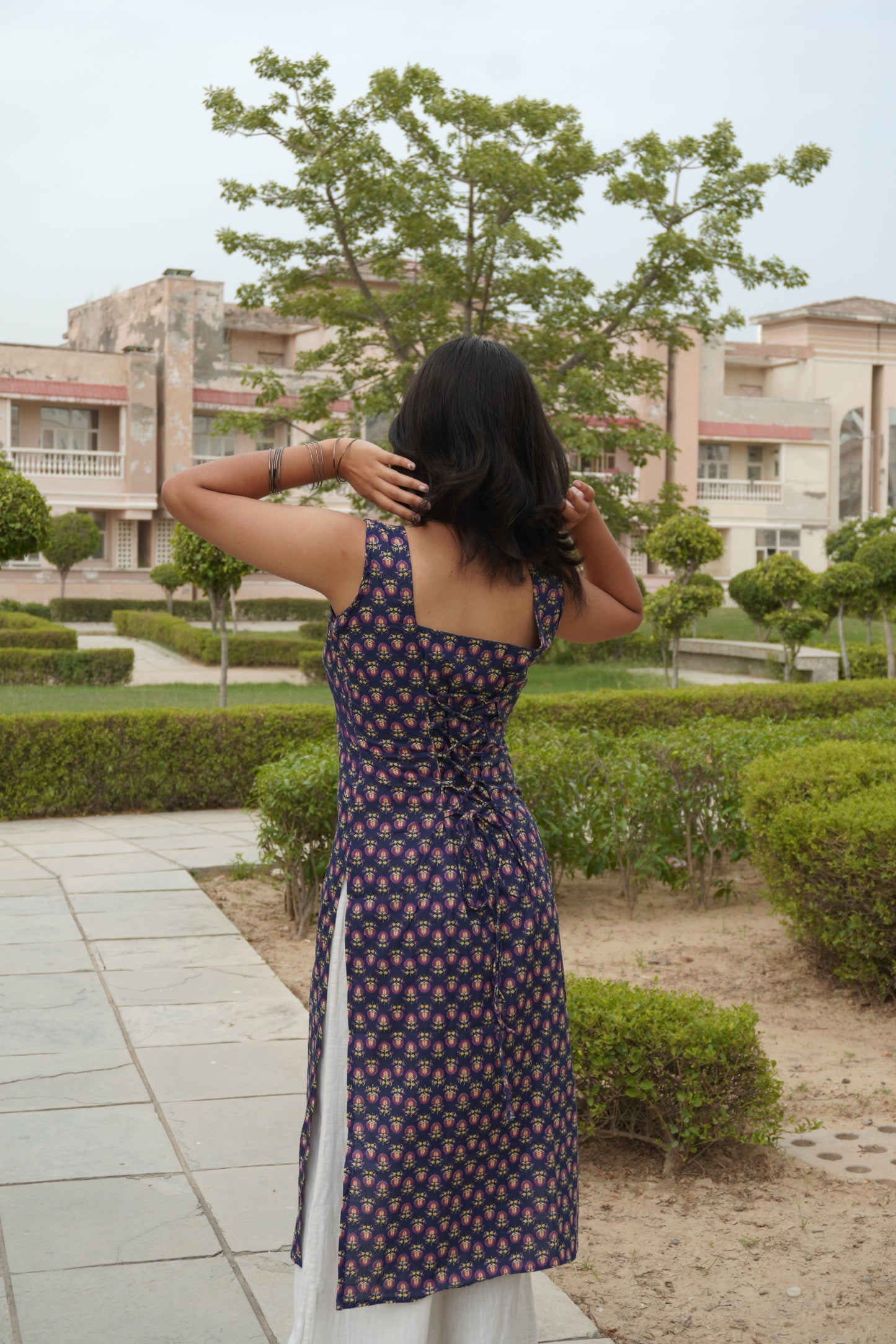 Women's Navy Blue Pure Cotton Long Kurti with Corset Tie-Up Back
