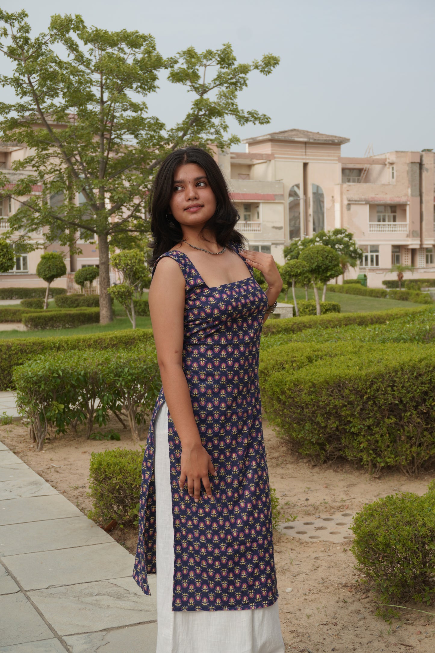 Women's Navy Blue Pure Cotton Long Kurti with Corset Tie-Up Back