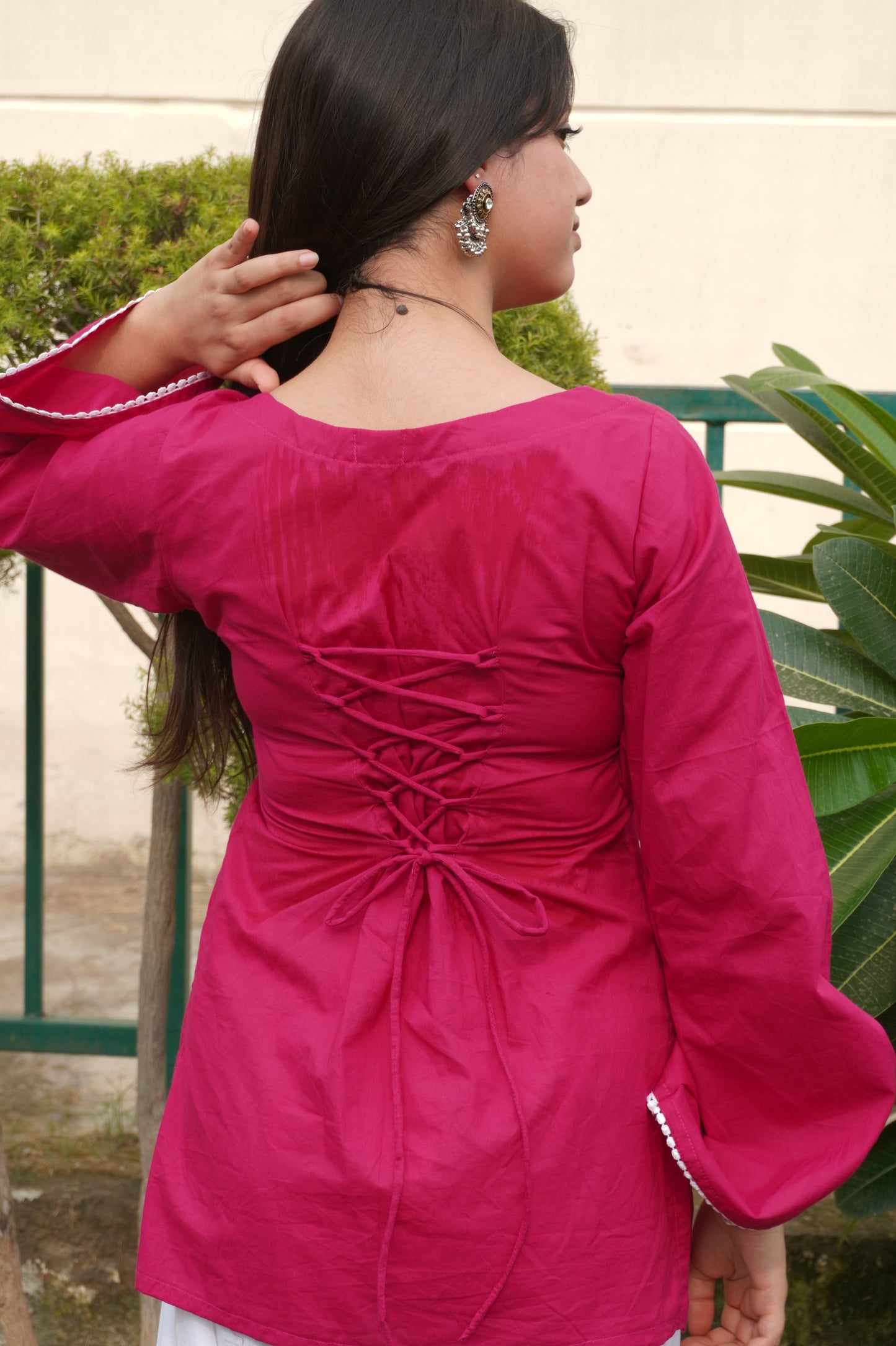 Pink Cotton Corset Back Kurti with Bell Sleeves
